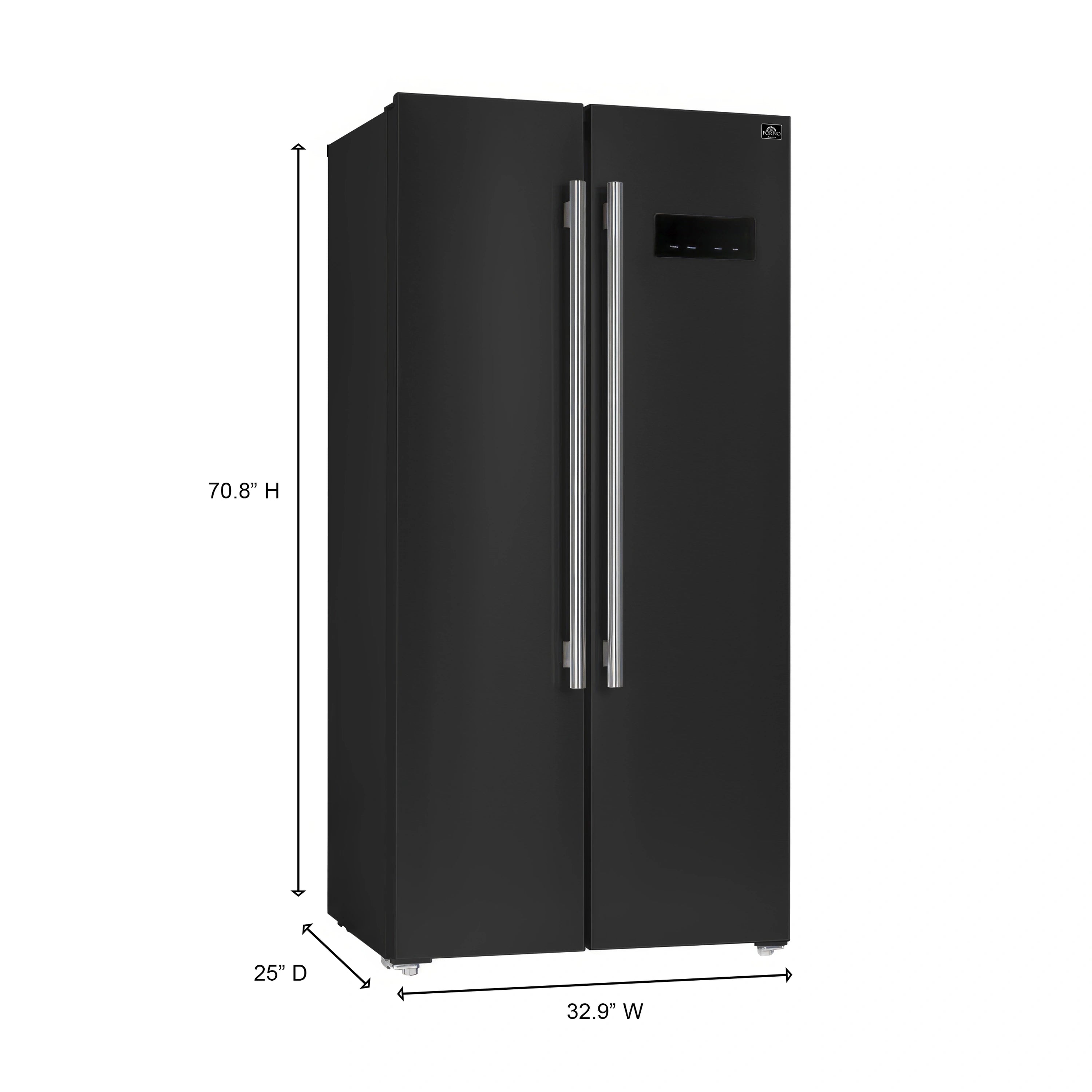 Black 33-inch side-by-side refrigerator with antique brass bar handles