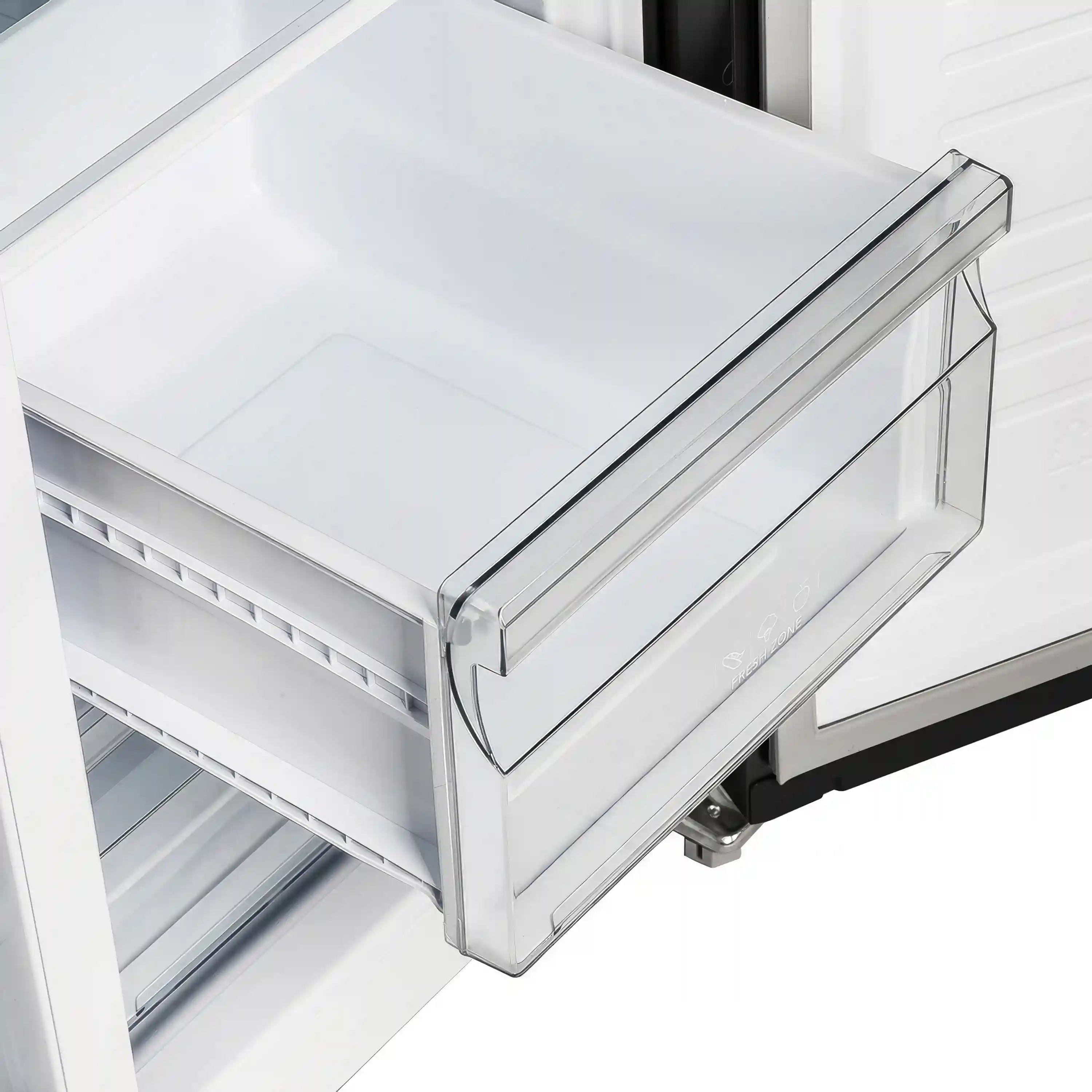 Refrigerator drawer open with clear glass lid and white lower compartment
