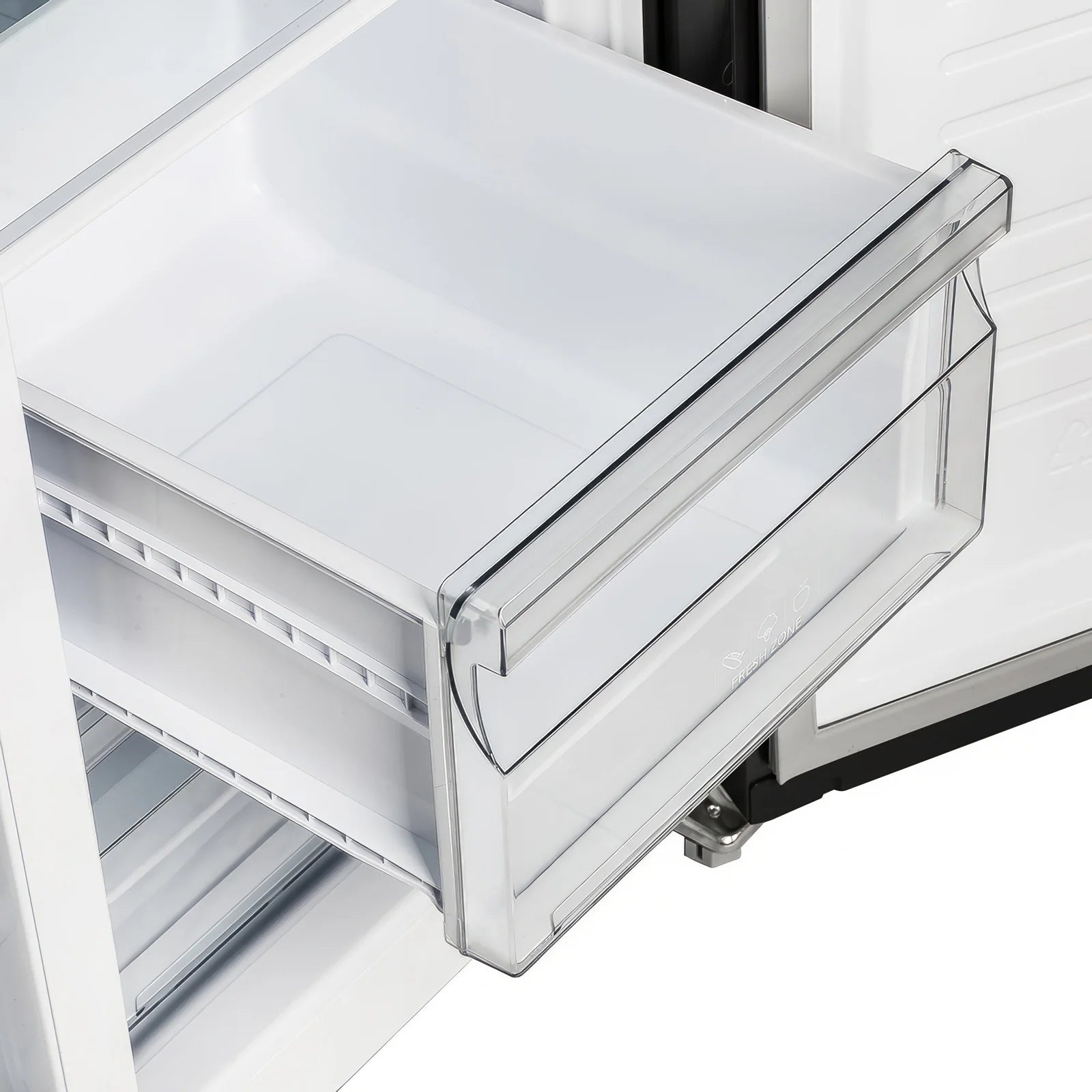 Refrigerator drawer tray with clear glass cover, interior side view