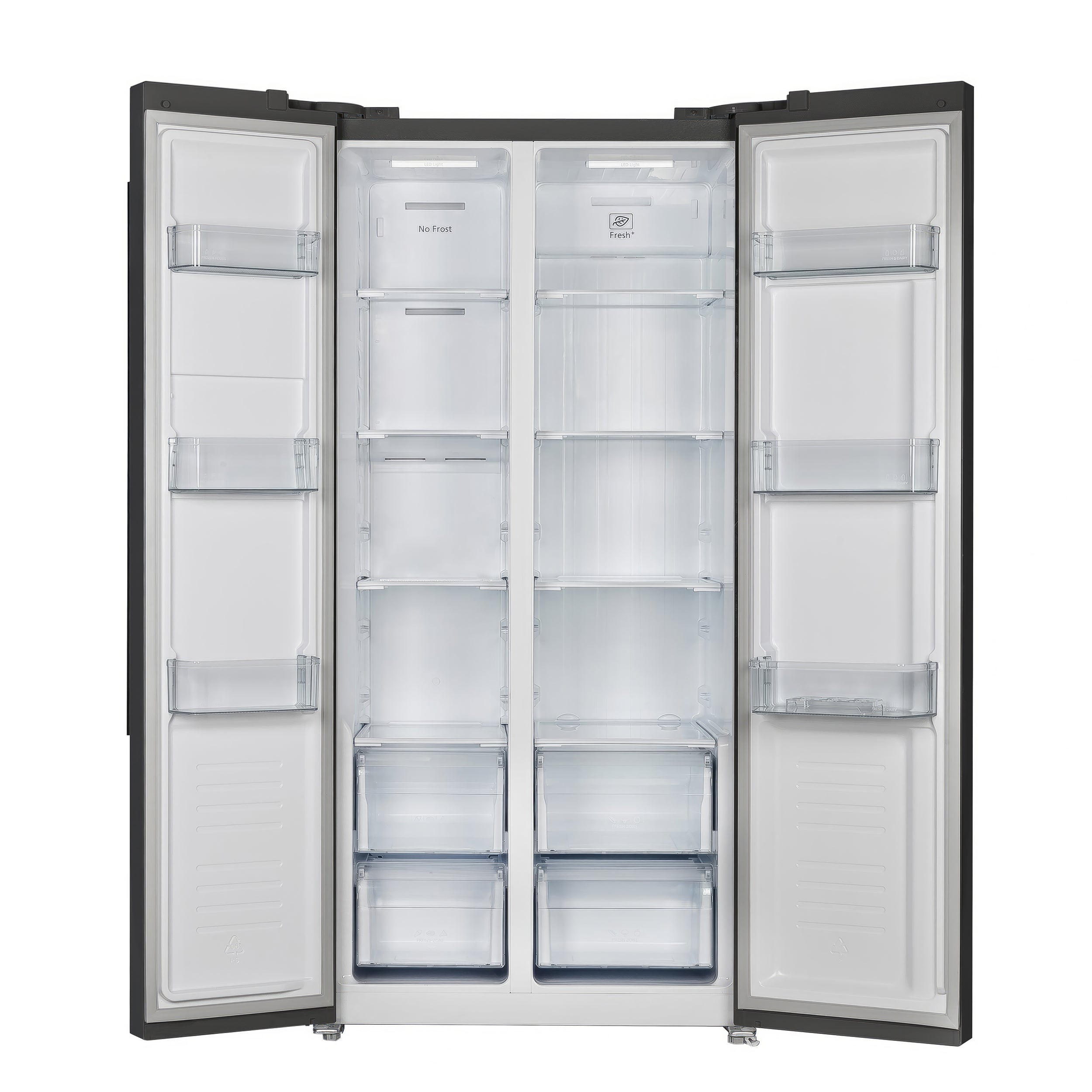 Open black refrigerator with clear glass shelves and white interior storage bins