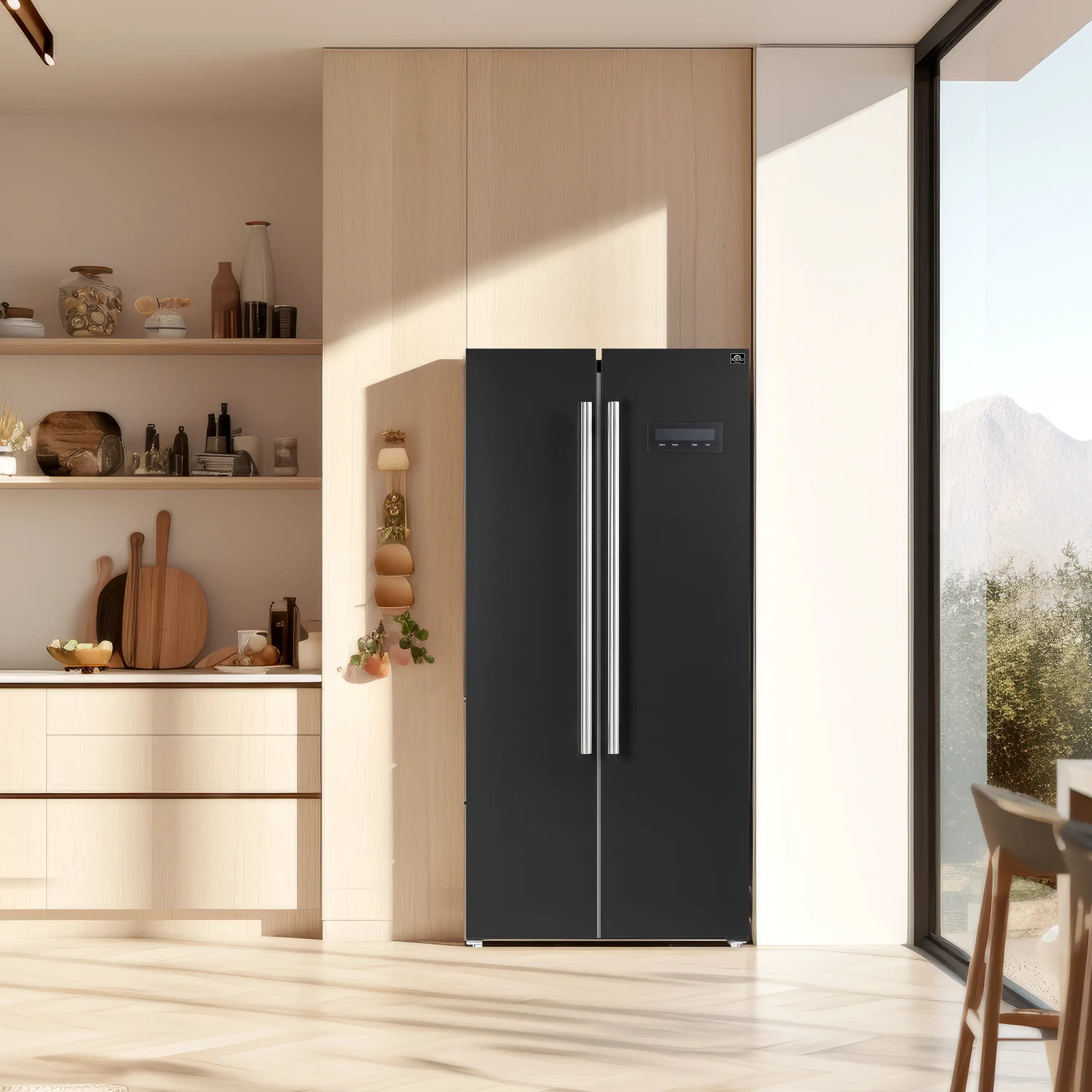 Black side-by-side refrigerator with stainless side handles and control panel