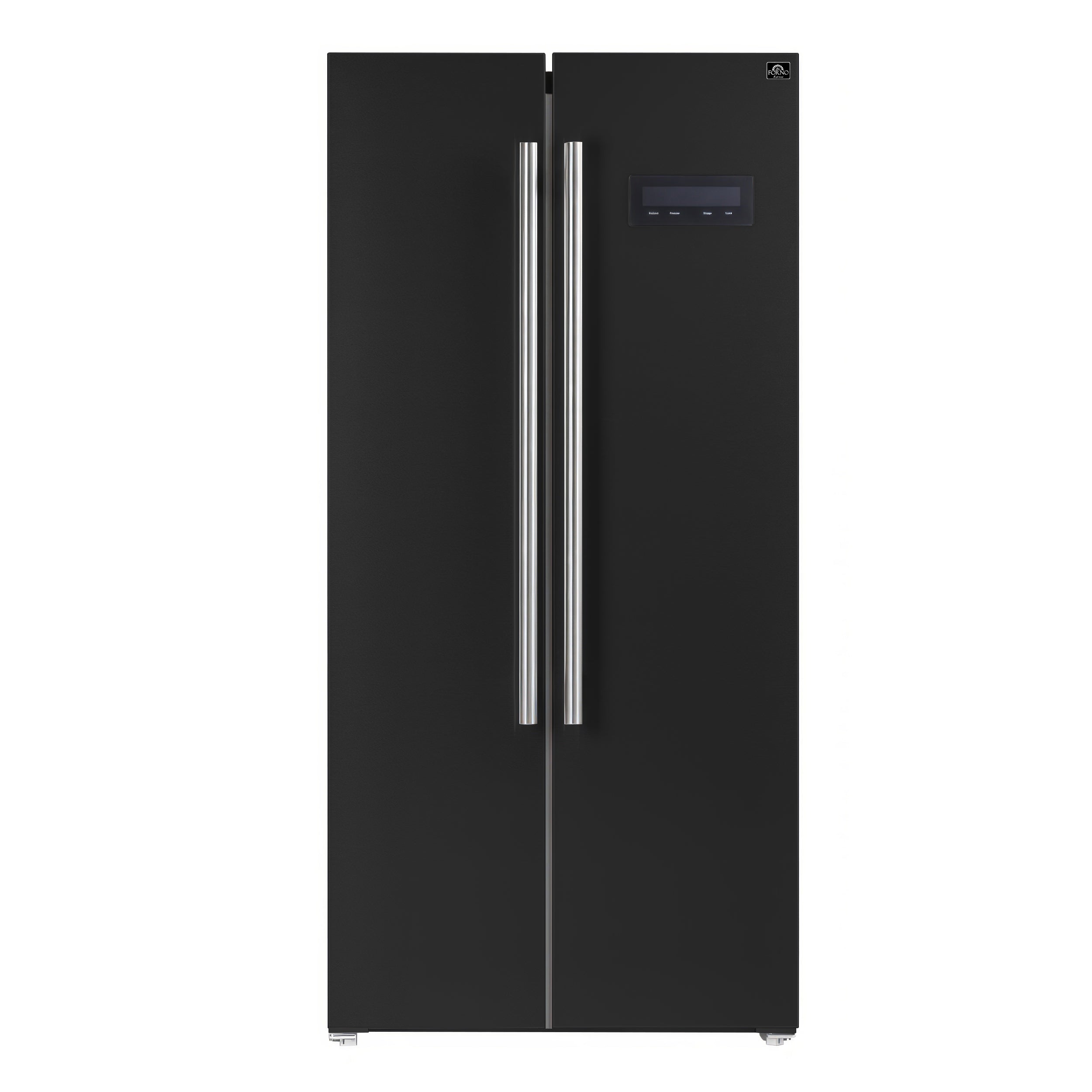 Black refrigerator with stainless steel vertical handles and top control panel
