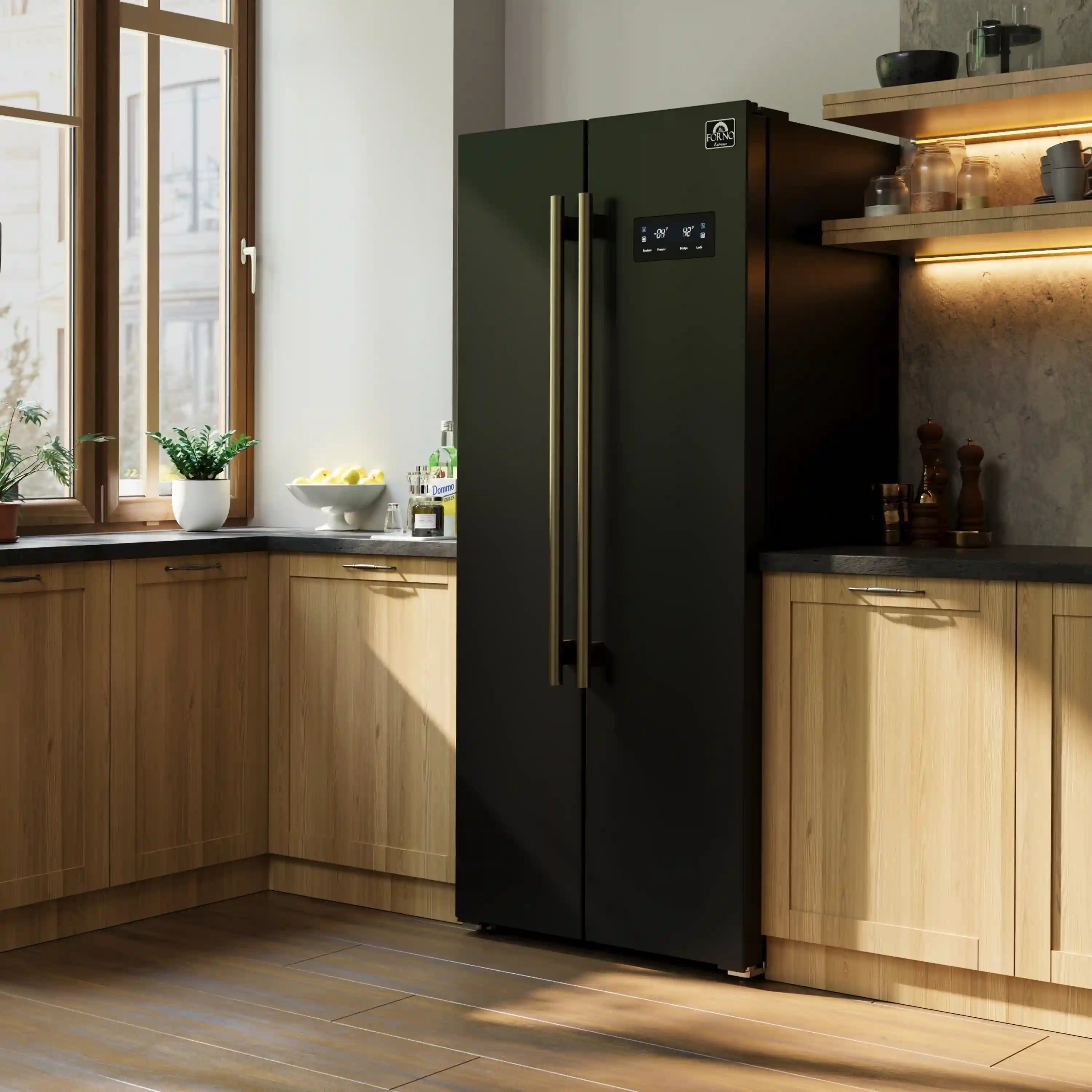 Black side-by-side refrigerator with antique brass trim and control panel