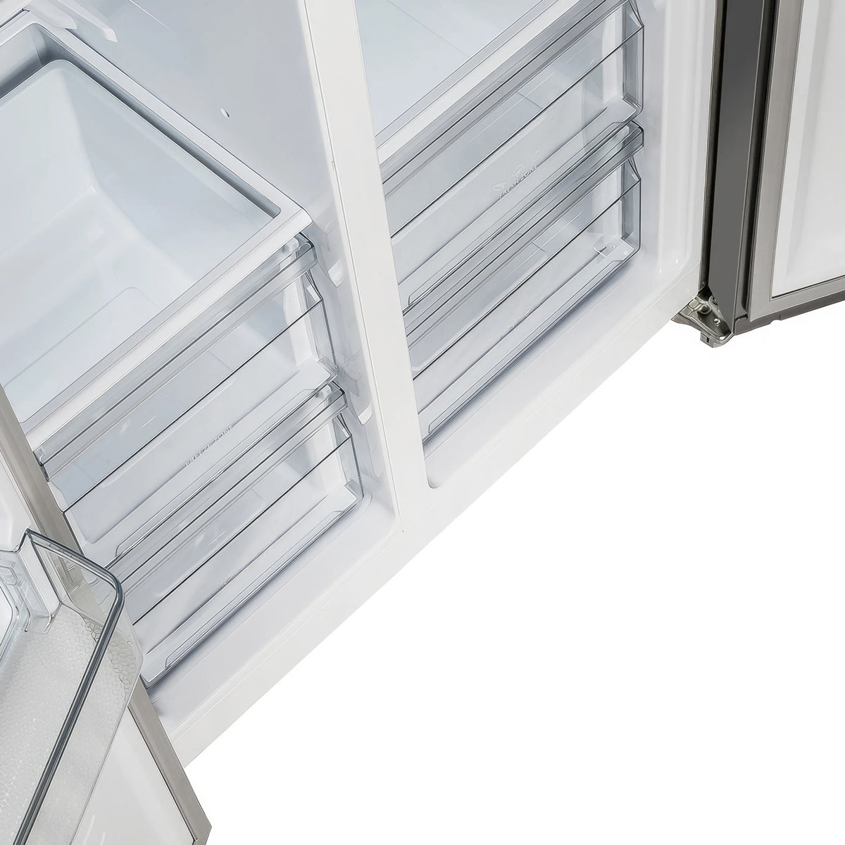 Open refrigerator door showing stacked glass shelves and interior bin