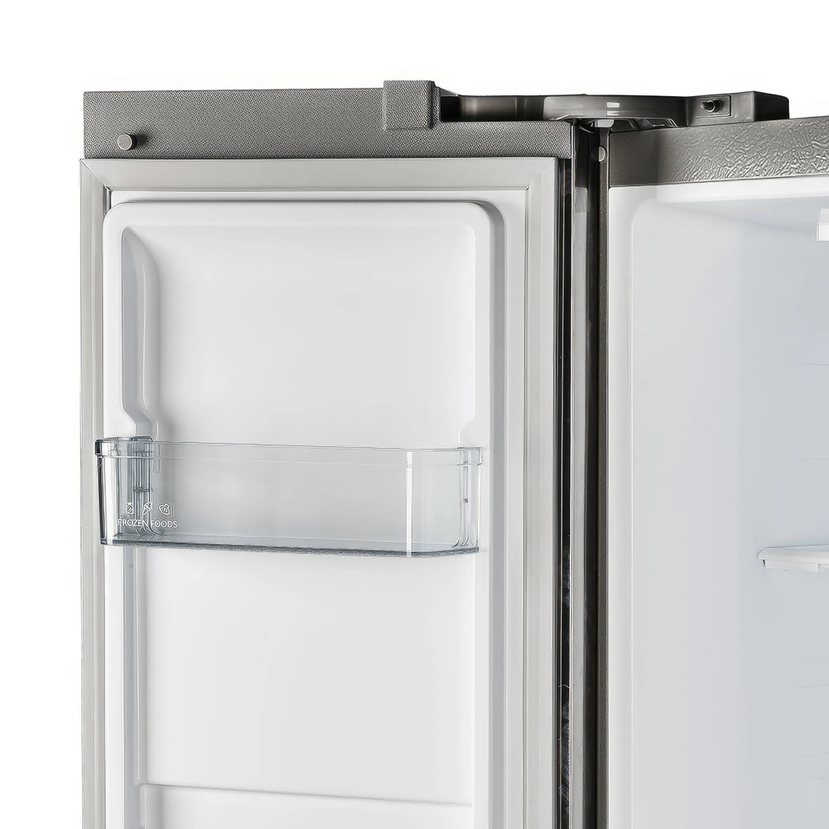 Refrigerator interior with glass shelf and clear storage bin, door-side rails