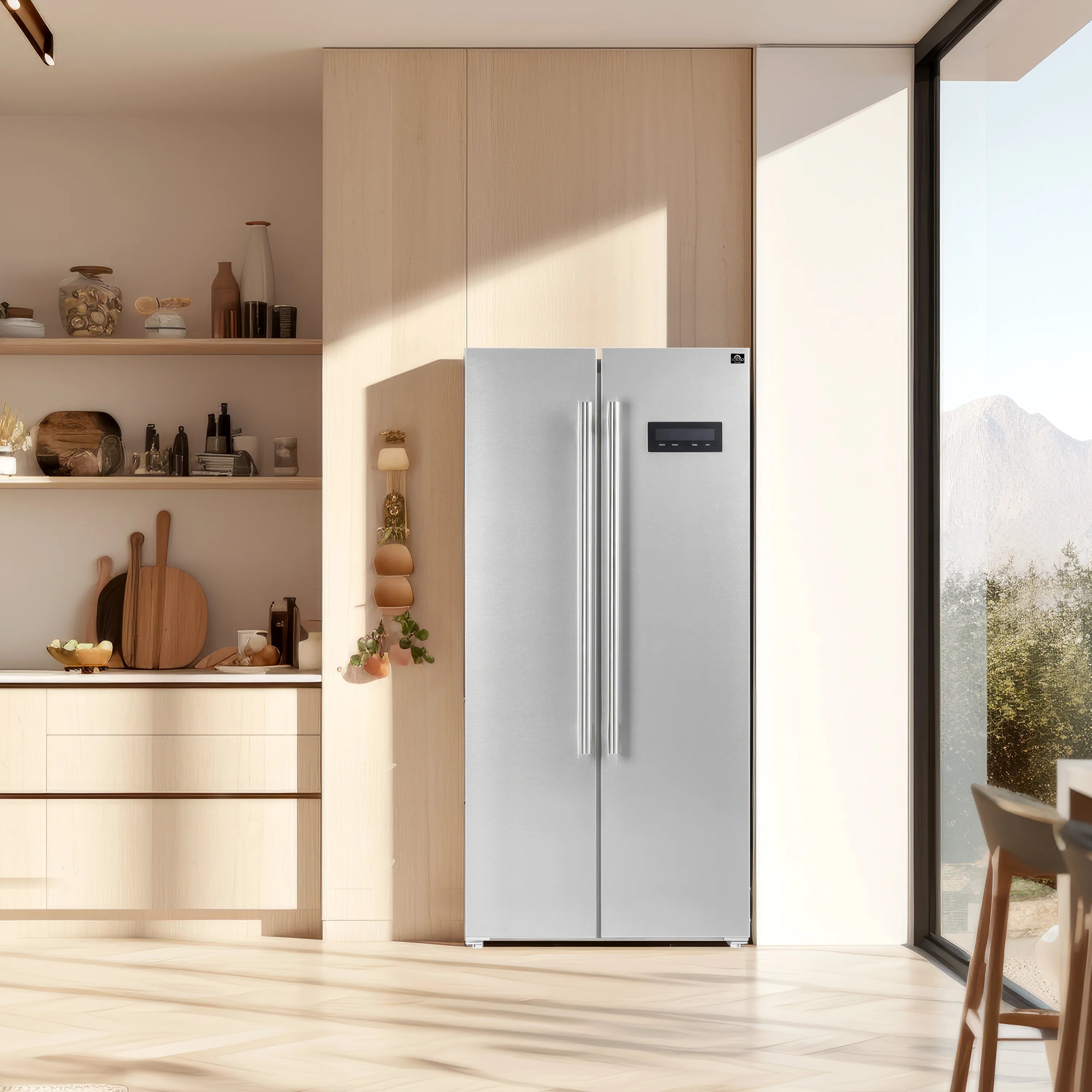 Stainless steel side-by-side refrigerator in kitchen with double doors