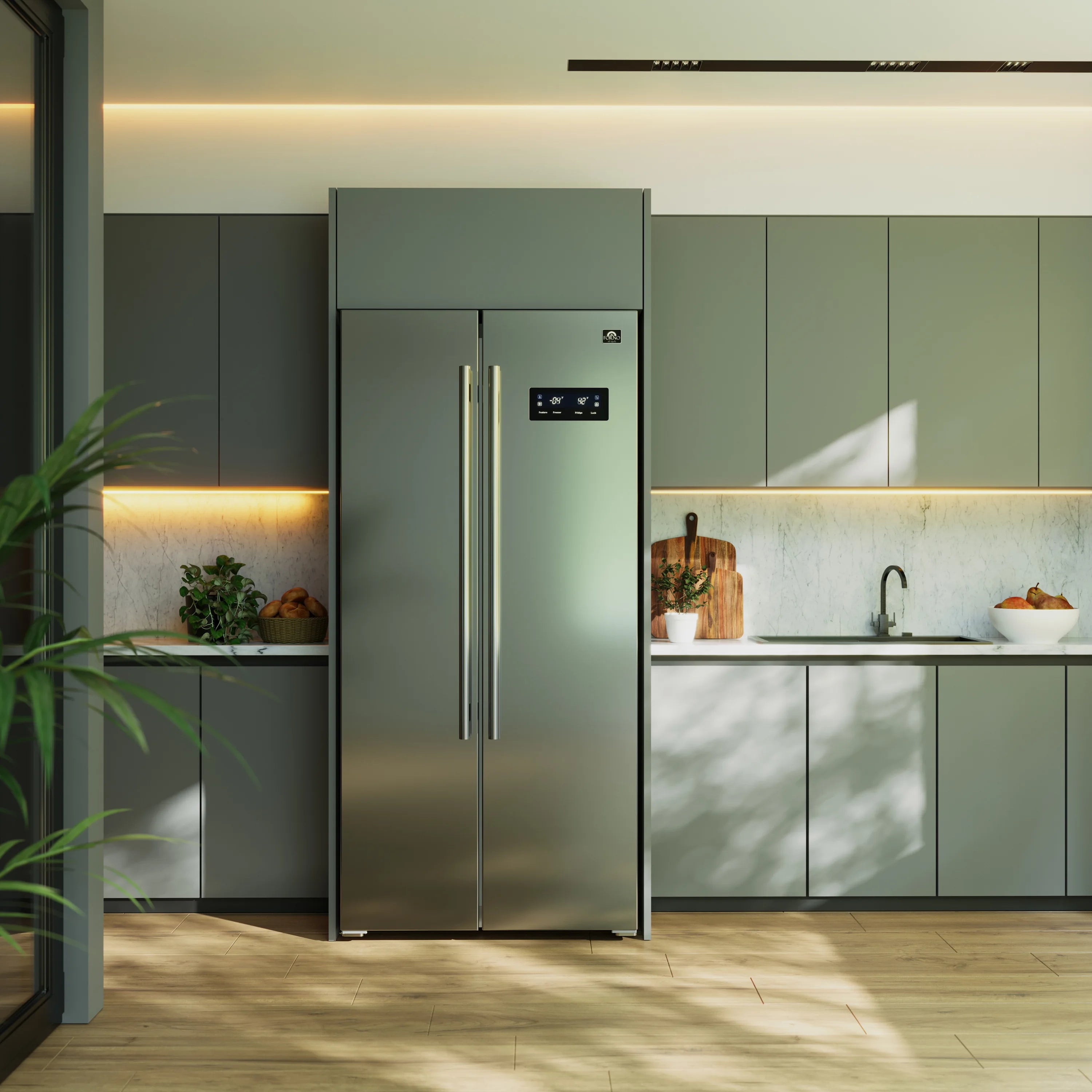 Stainless steel side-by-side refrigerator standing in a modern kitchen