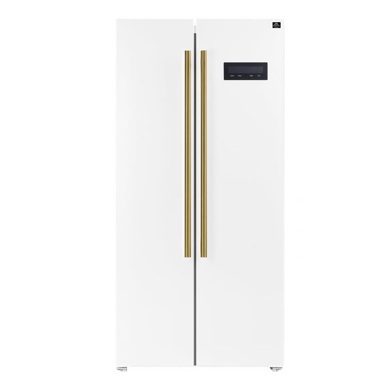 Forno 3-Piece Appliance Package - 30-Inch Gas Range, Under Cabinet Range Hood, & Side-by-Side Refrigerator in White with Antique Brass Trim