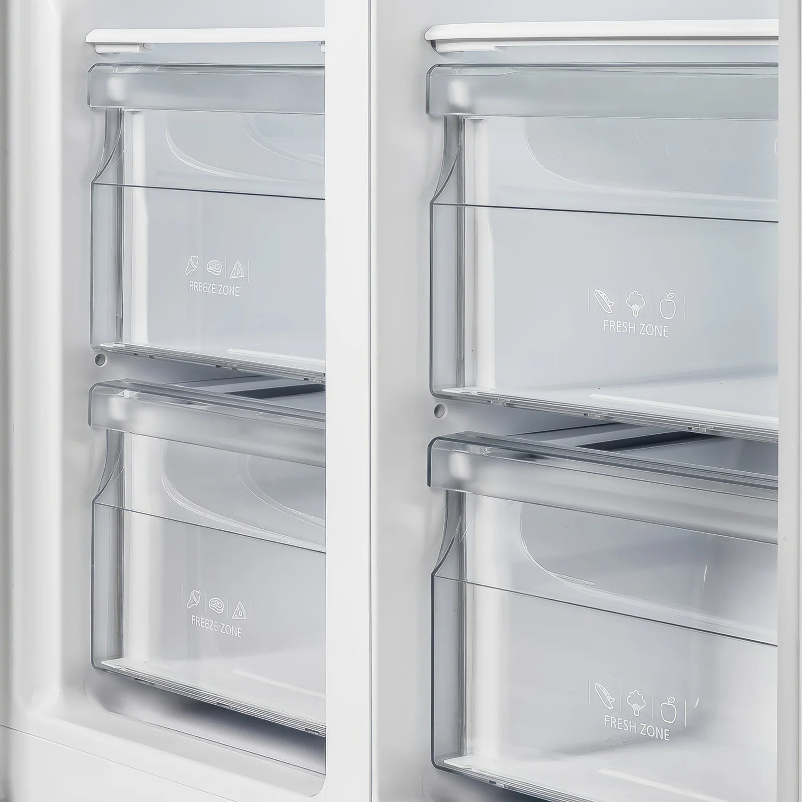 White built-in refrigerator interior with glass shelves and door bins