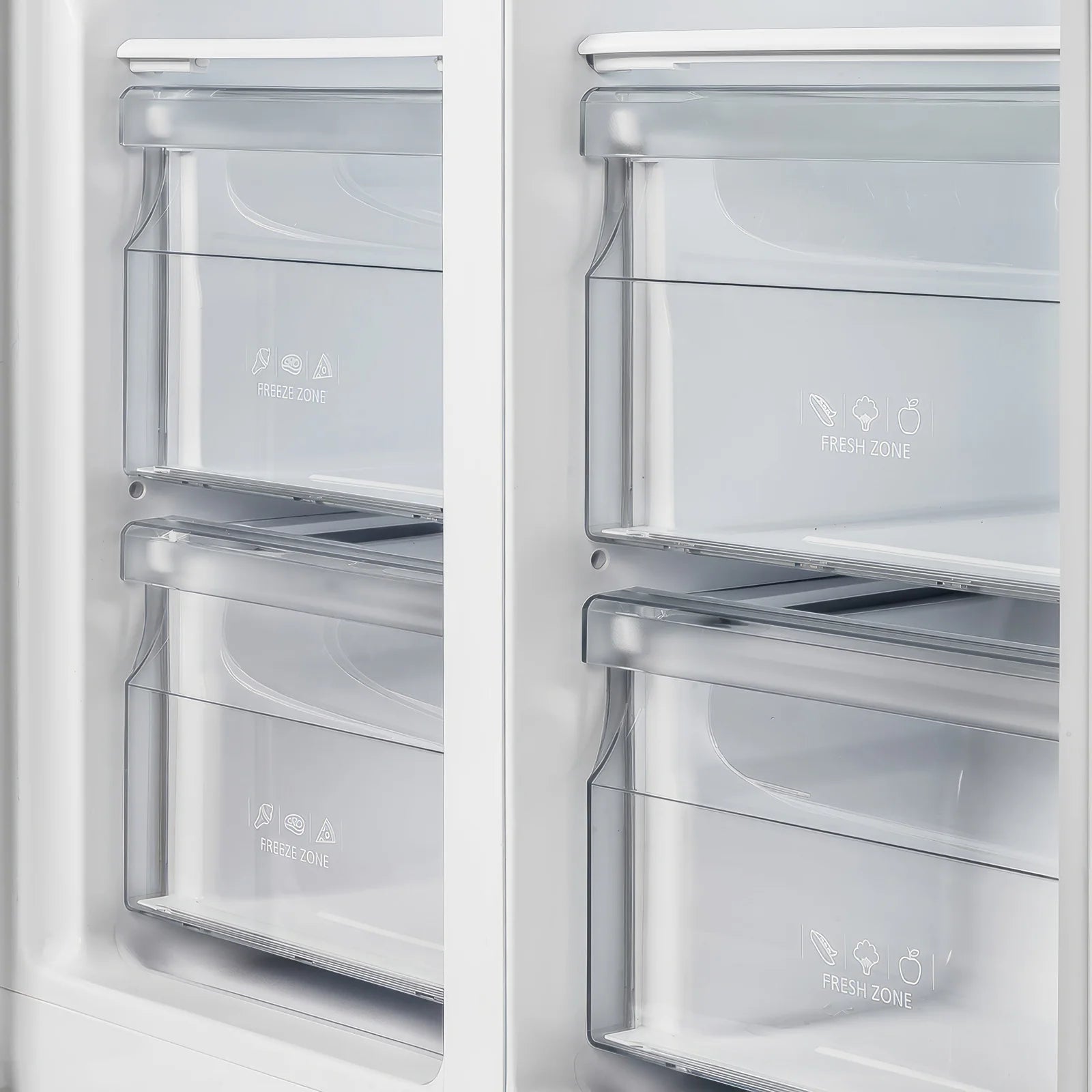 Refrigerator interior with multiple glass shelves, clear bins, and drawers