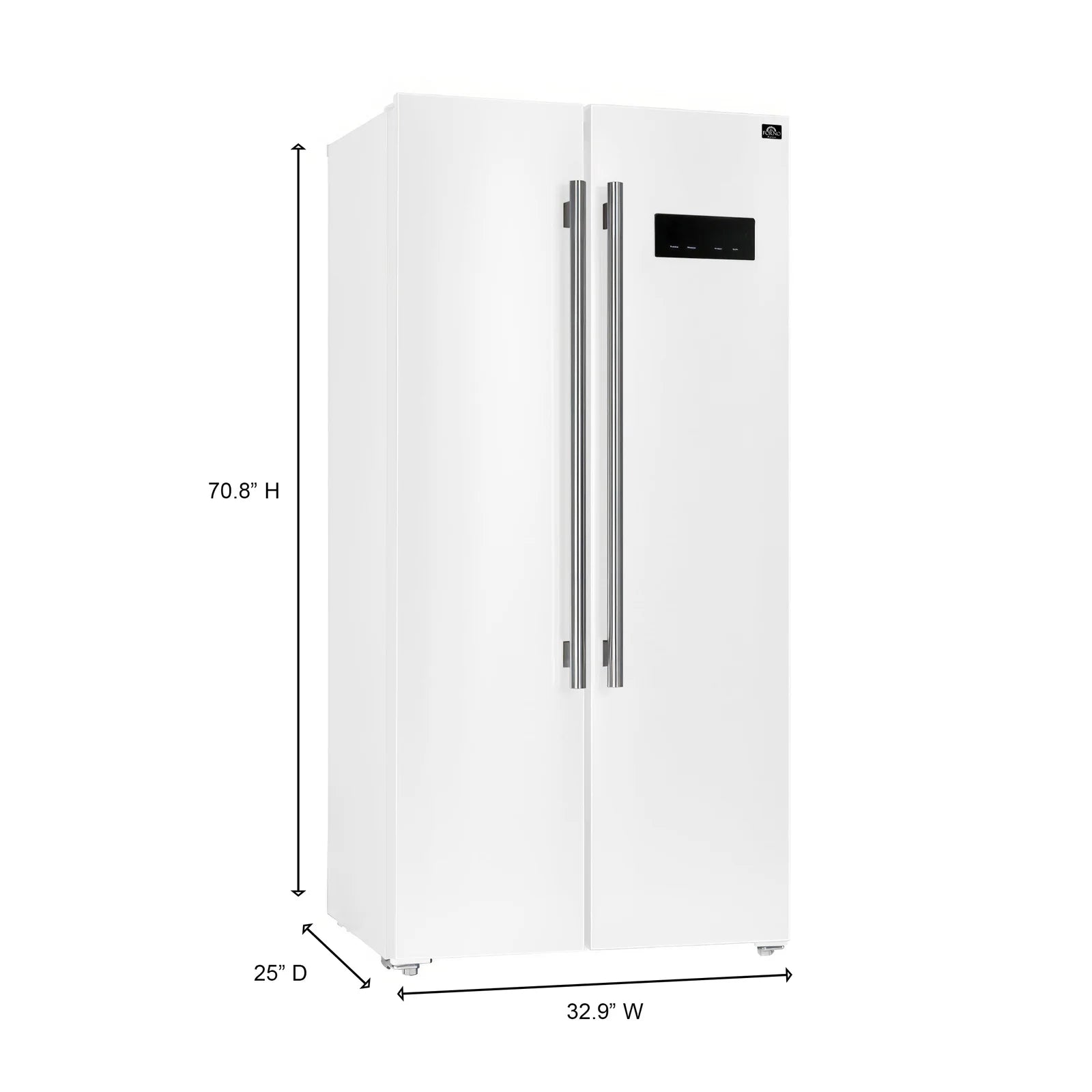 White built-in refrigerator with stainless double handles and control display