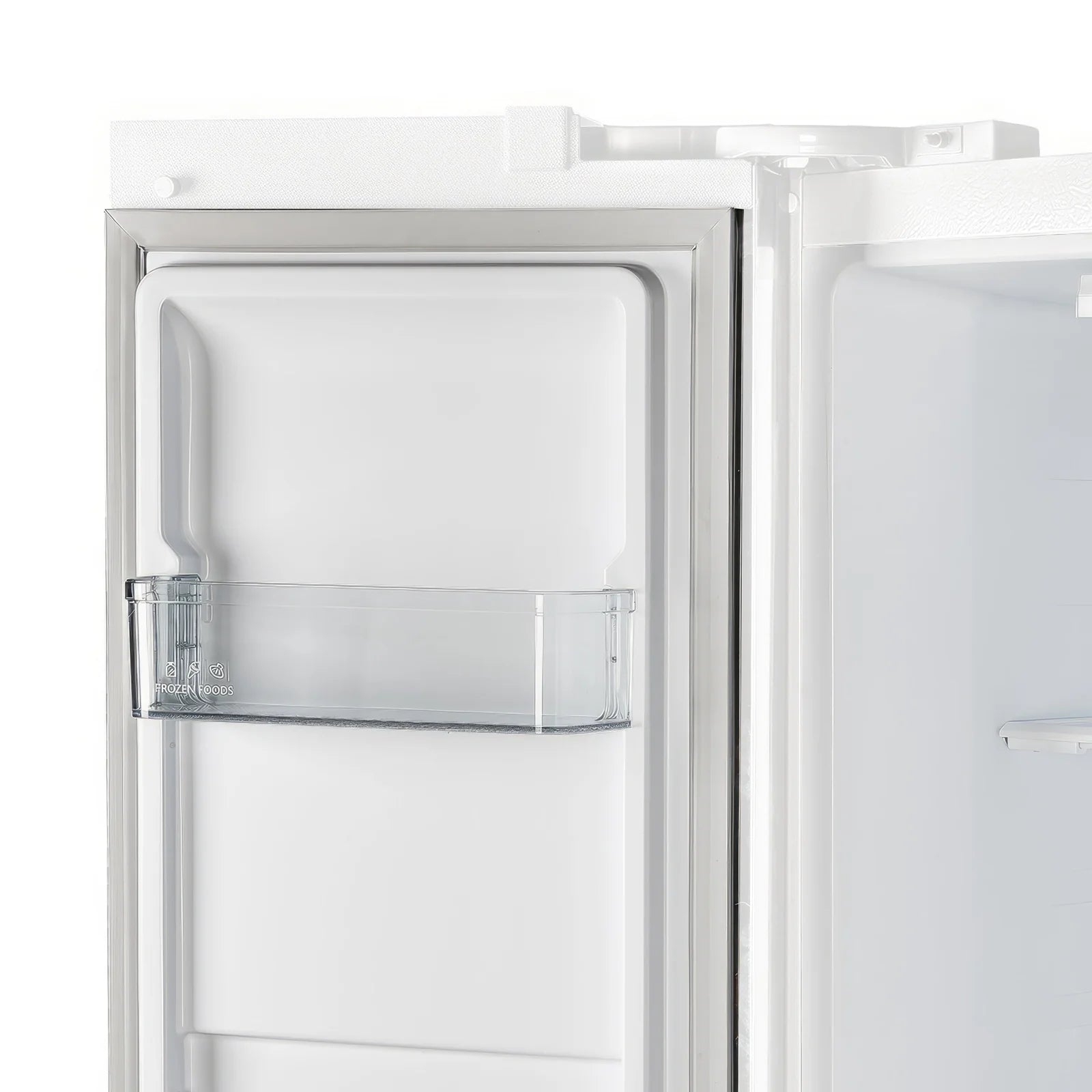 Refrigerator door open showing upper door shelf bin and interior wall