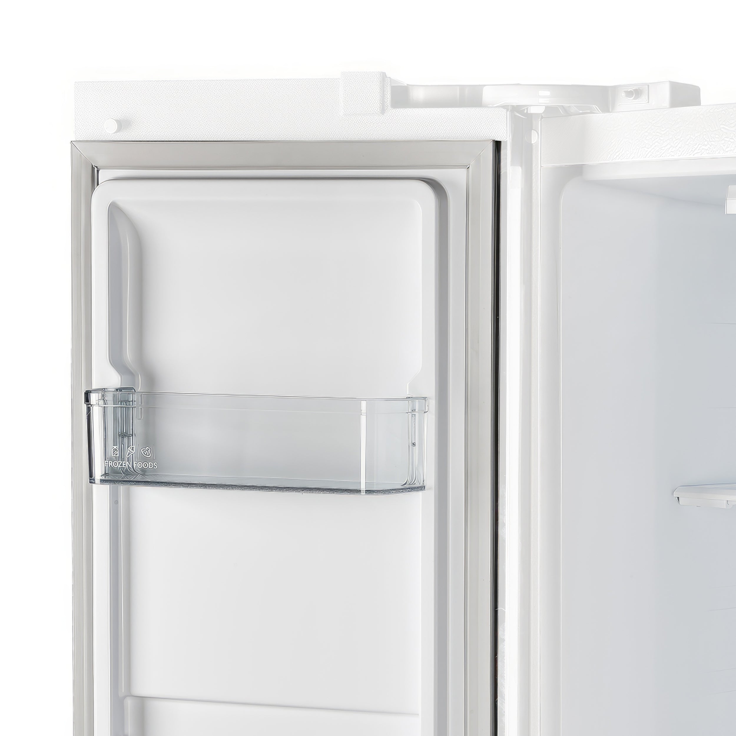 Refrigerator door with clear glass shelf and white interior panel
