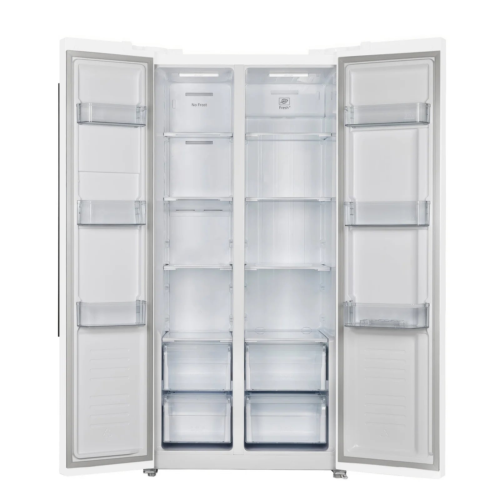 Open refrigerator doors showing center shelves, bins, and bottom drawers