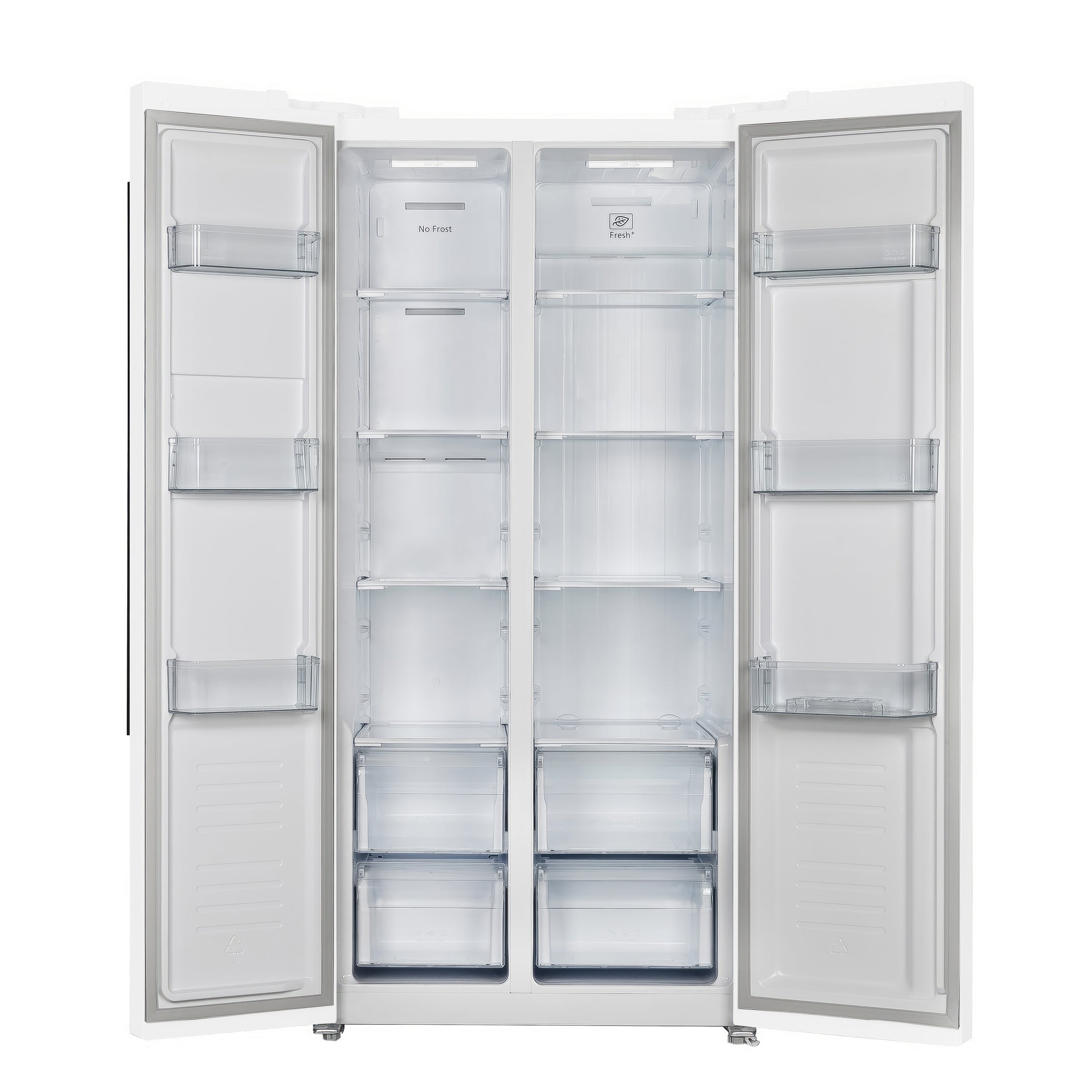 Open white refrigerator doors showing interior shelves, drawers, and clear bins