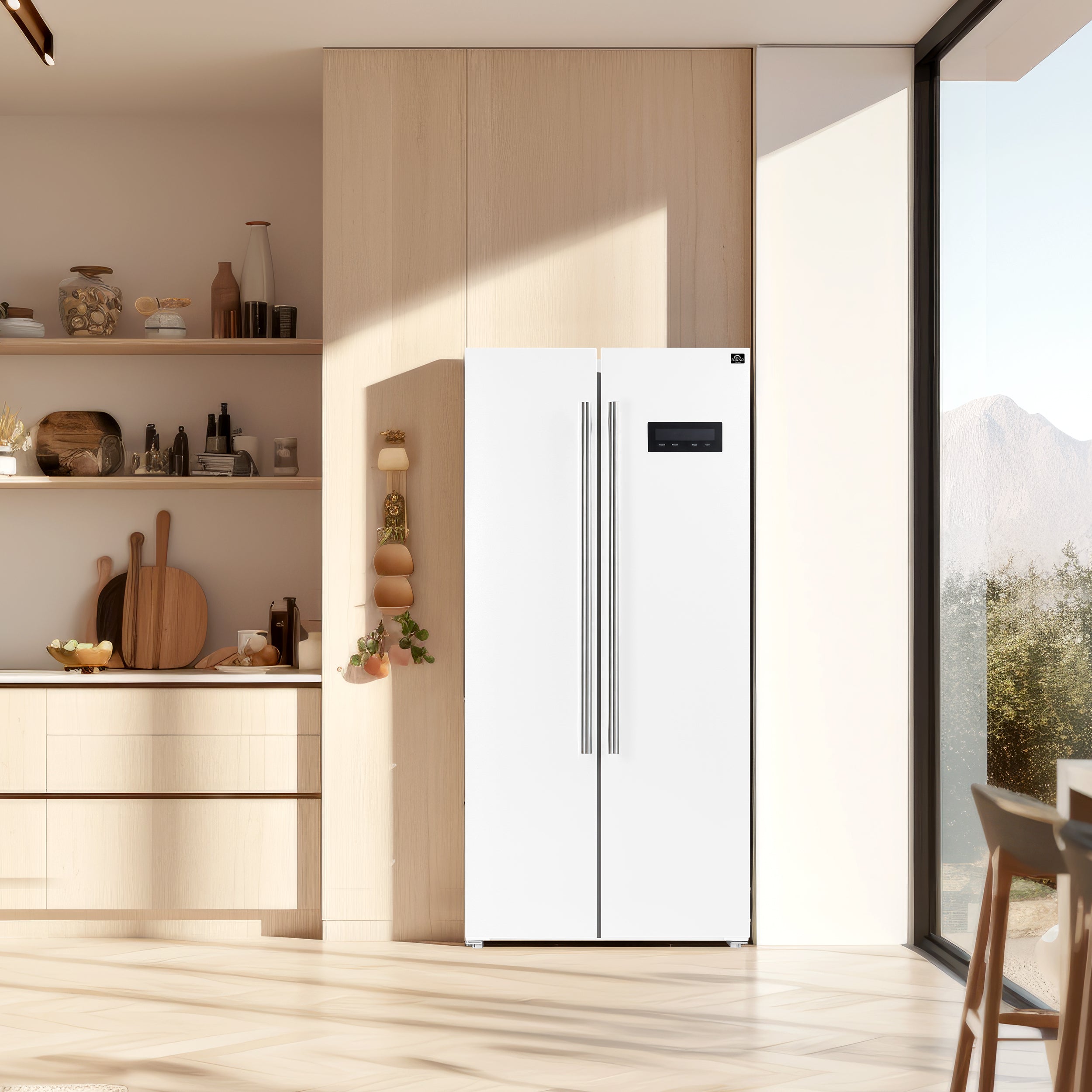 White side-by-side refrigerator with stainless steel handles and digital control panel