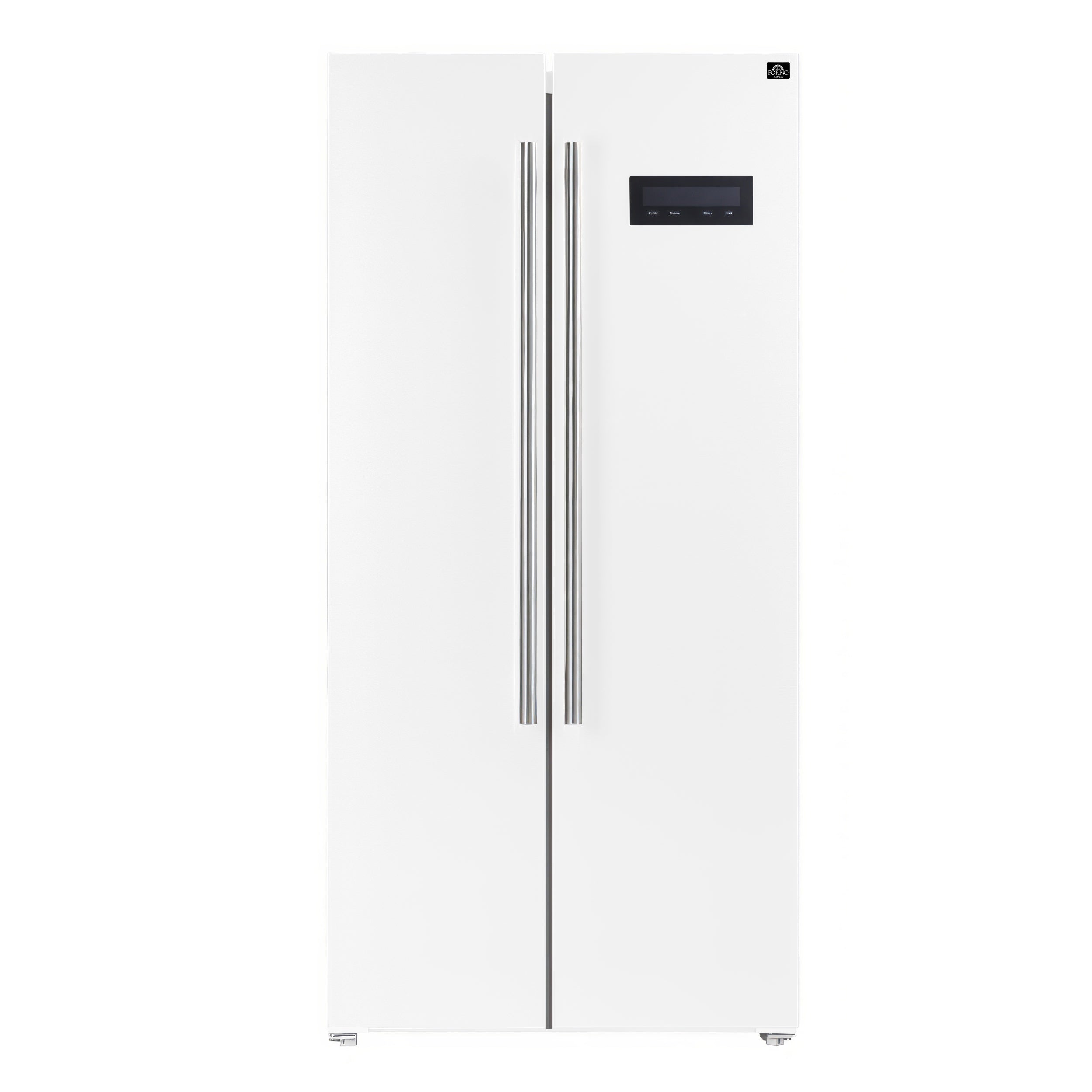 White side-by-side refrigerator with stainless steel handles and built-in control panel