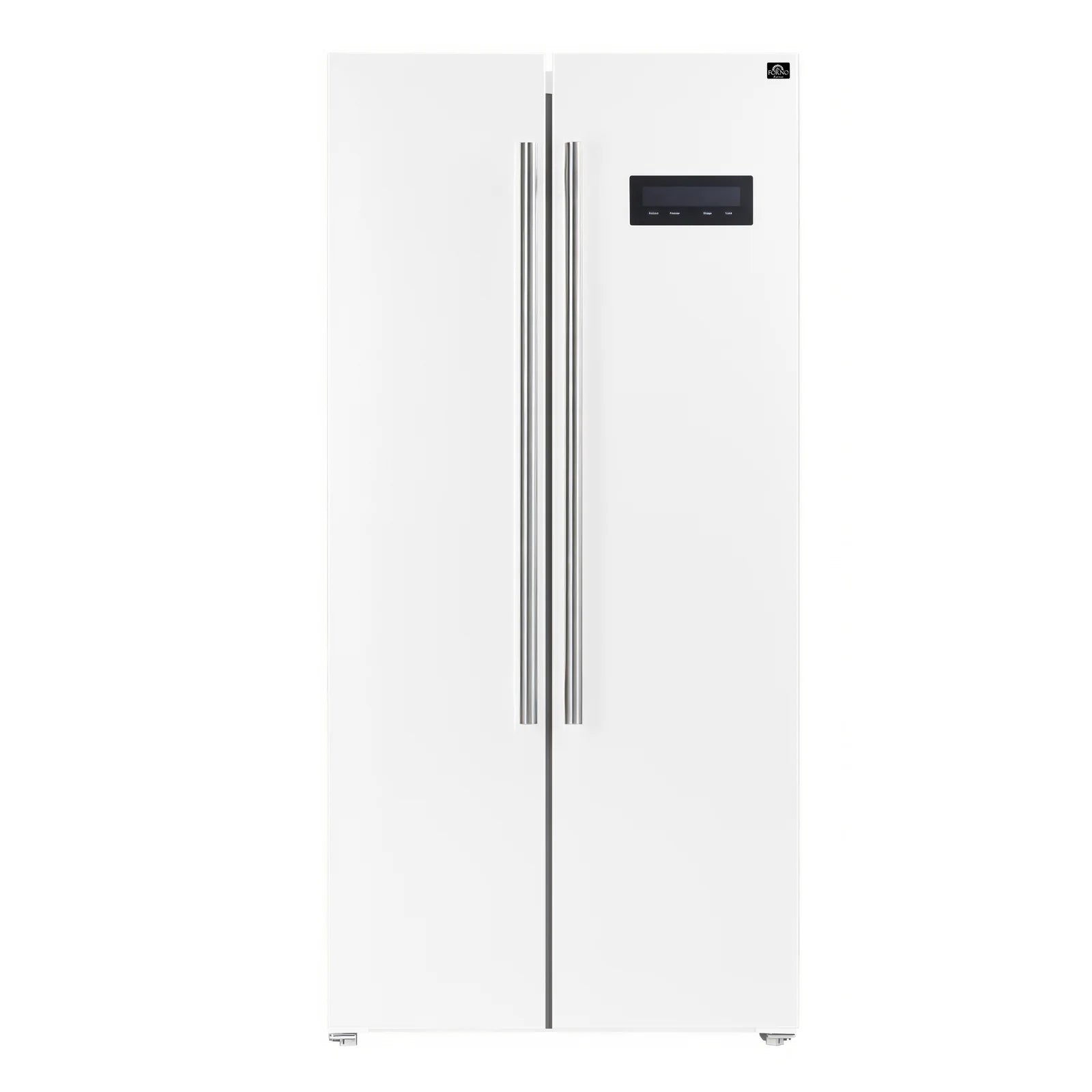 White refrigerator with stainless vertical handles and centered black control panel