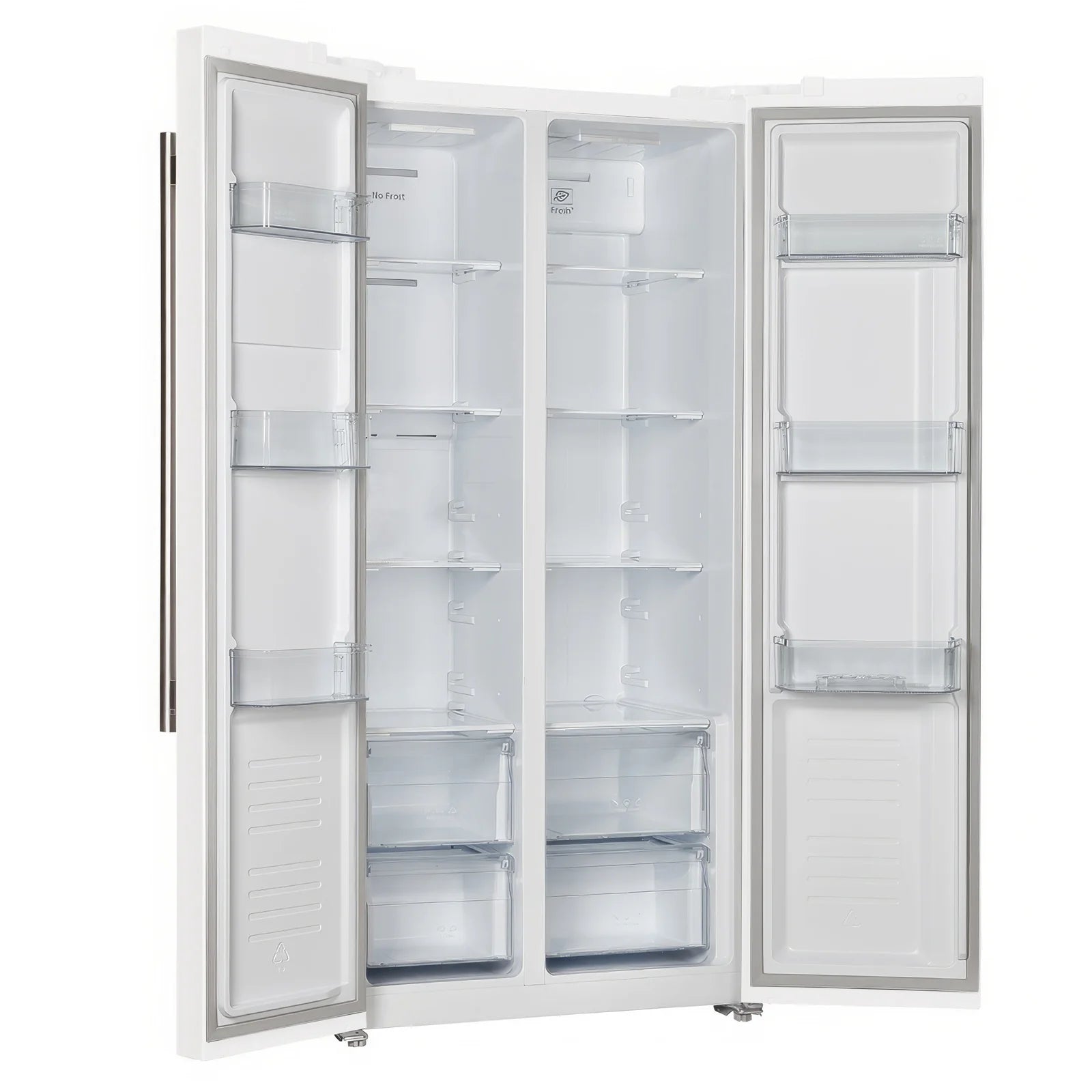 White built-in refrigerator with open doors and interior shelves