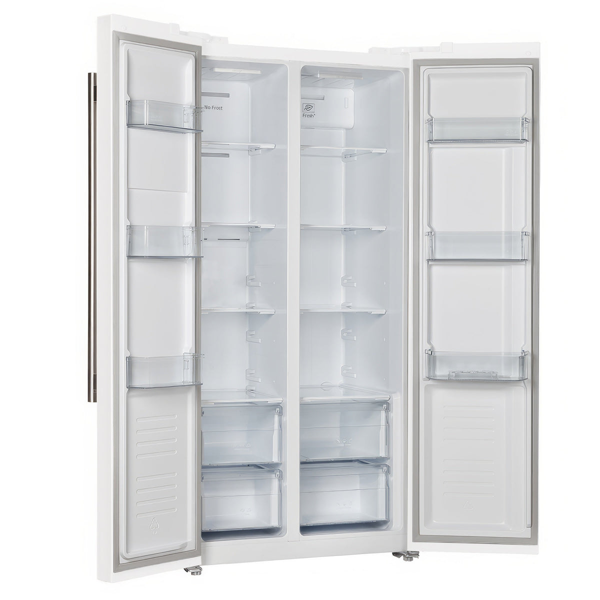 White side-by-side refrigerator with one door open, interior shelves and door storage