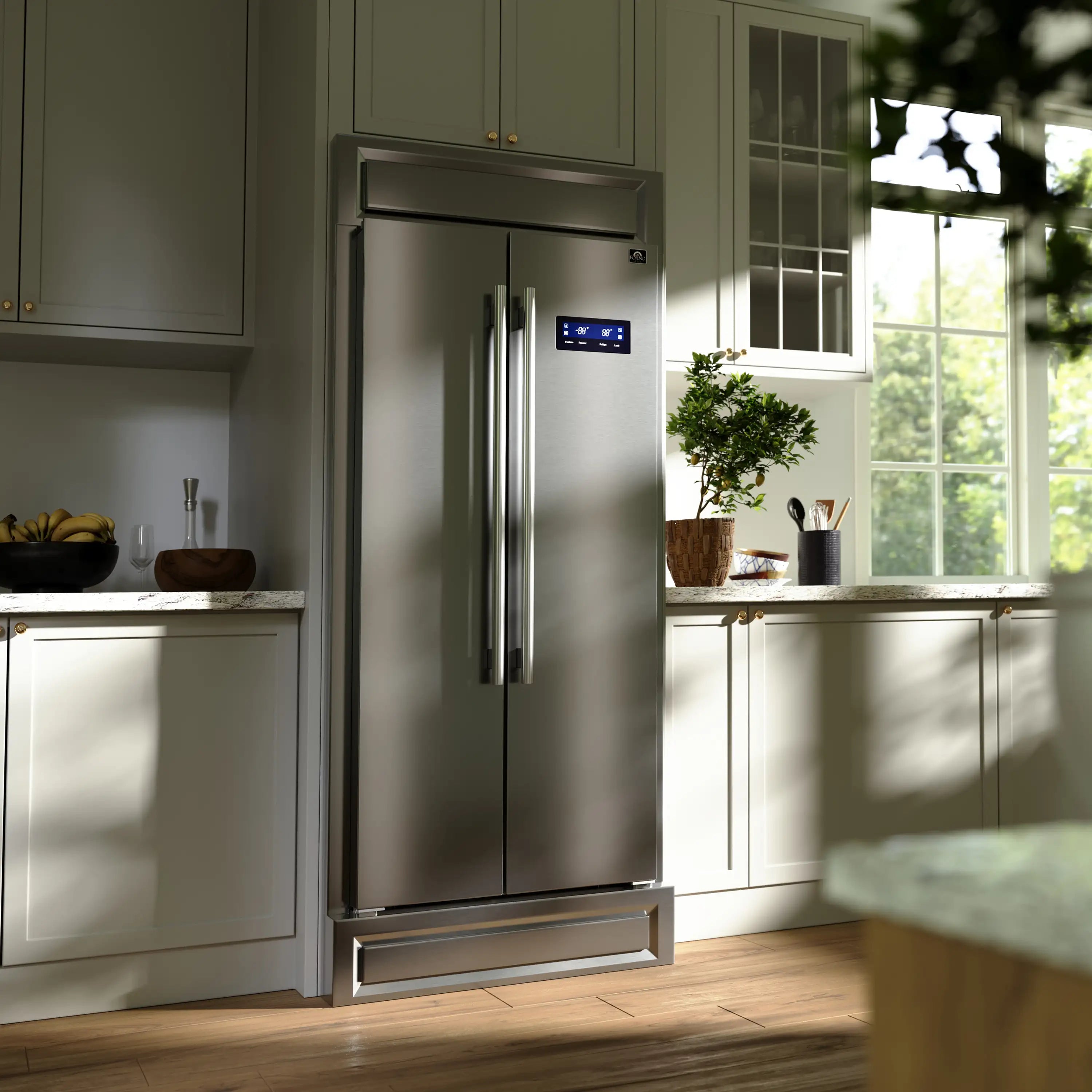 Built-in stainless refrigerator installed in cabinetry with double doors and interior control display