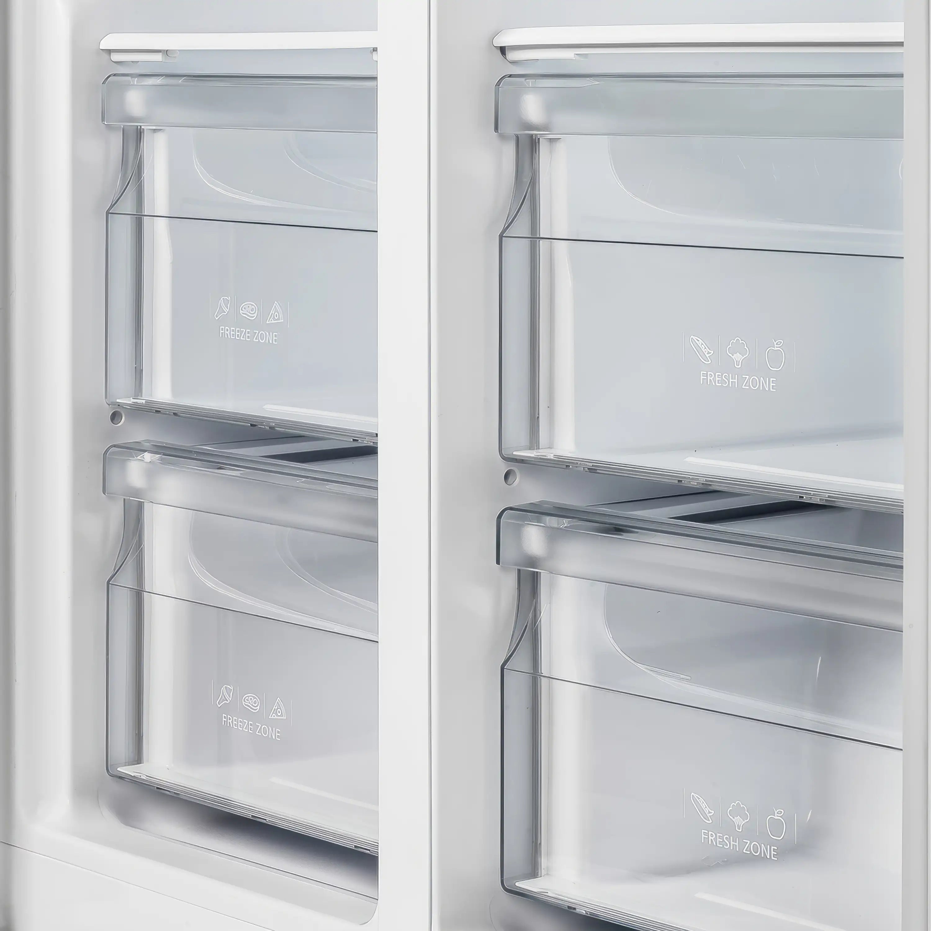 Refrigerator interior with two Fresh Zone compartments, clear bins, and white back panels