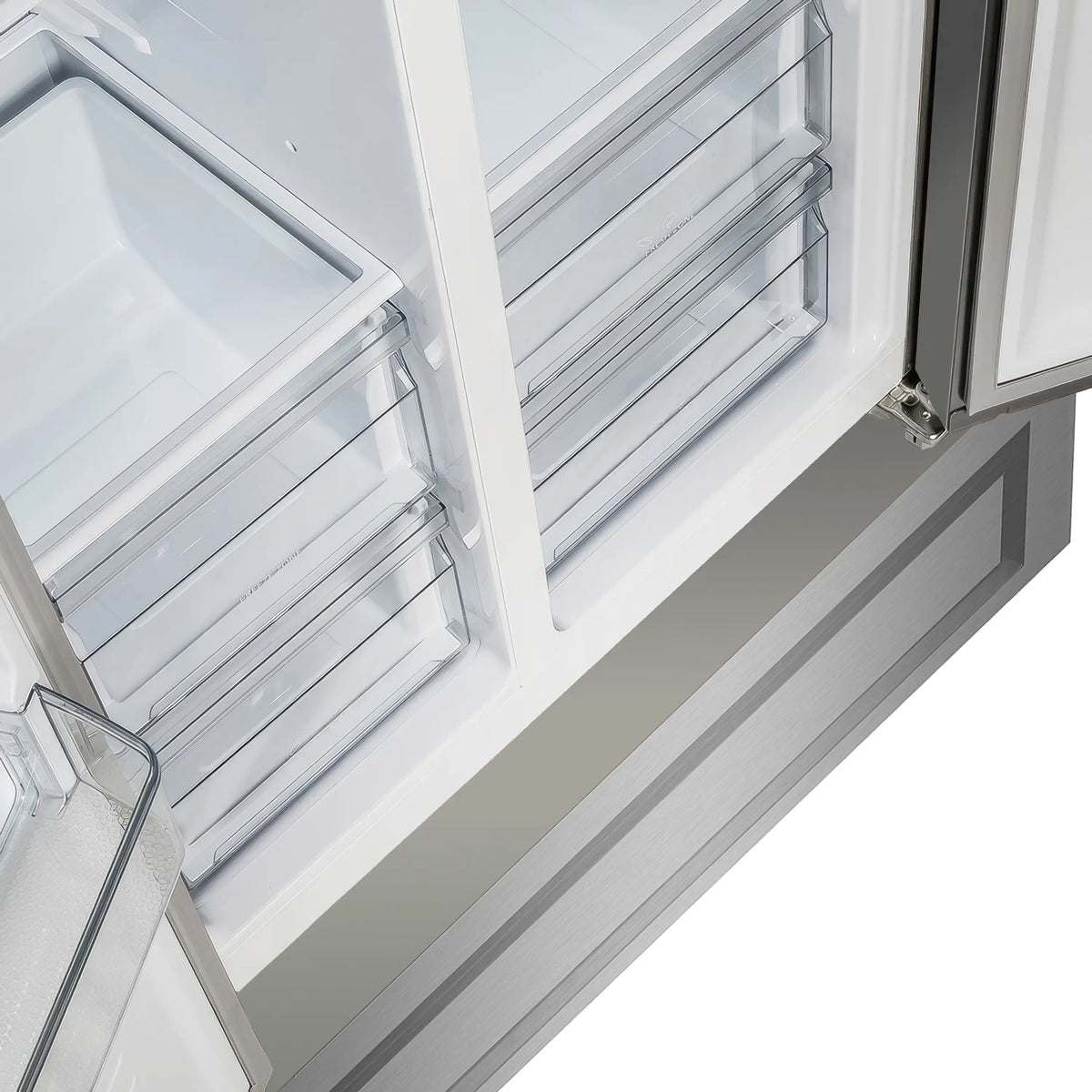 Refrigerator door open showing clear drawers and sliding shelves with transparent fronts