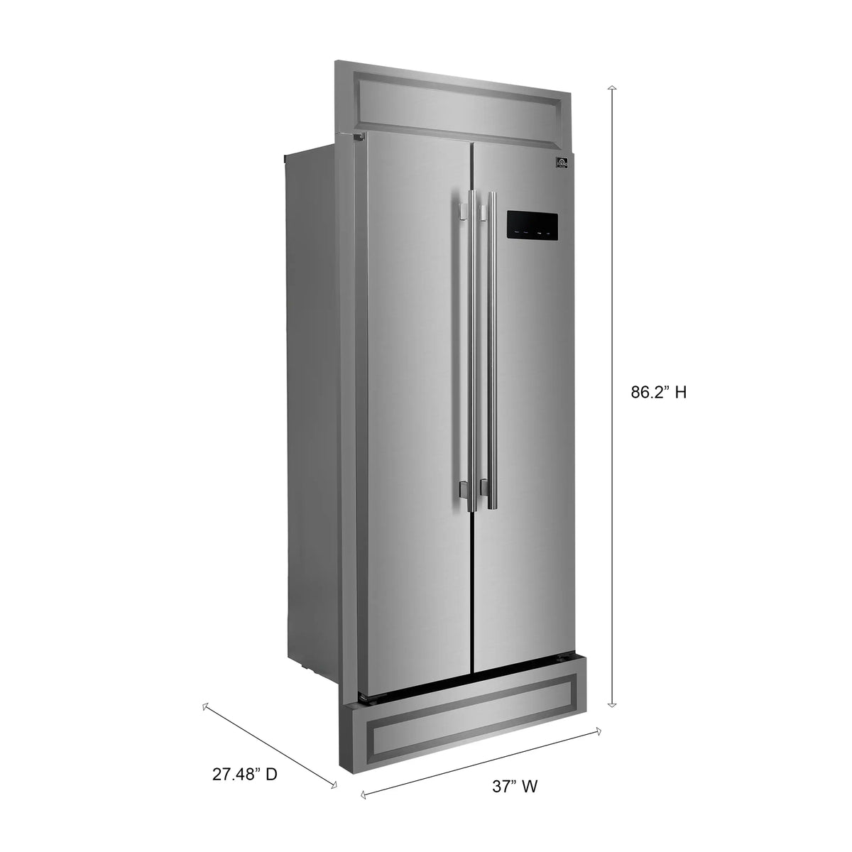 Stainless steel built-in refrigerator with decorative grille and dual doors