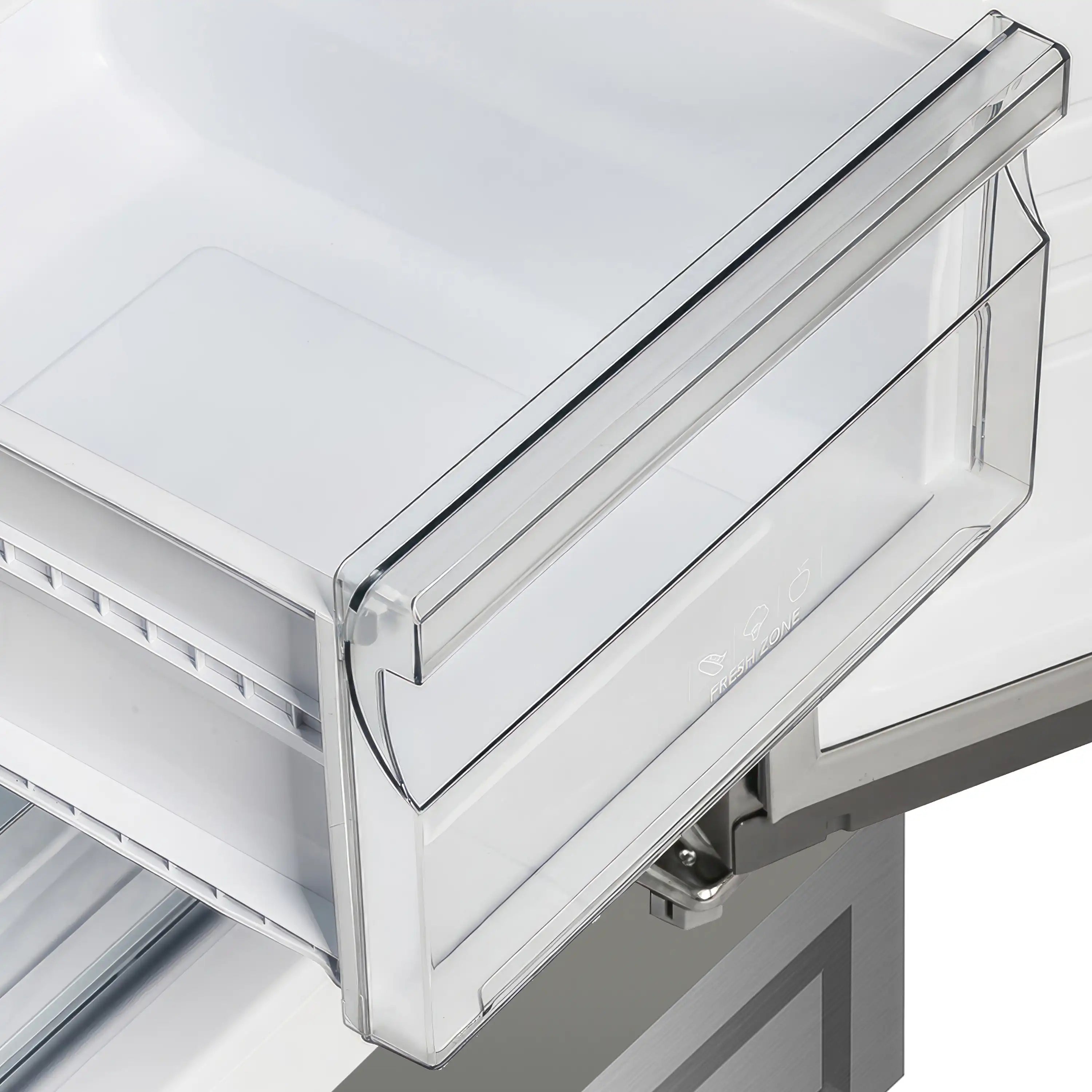 Built-in refrigerator door with clear glass shelf and stainless frame edging