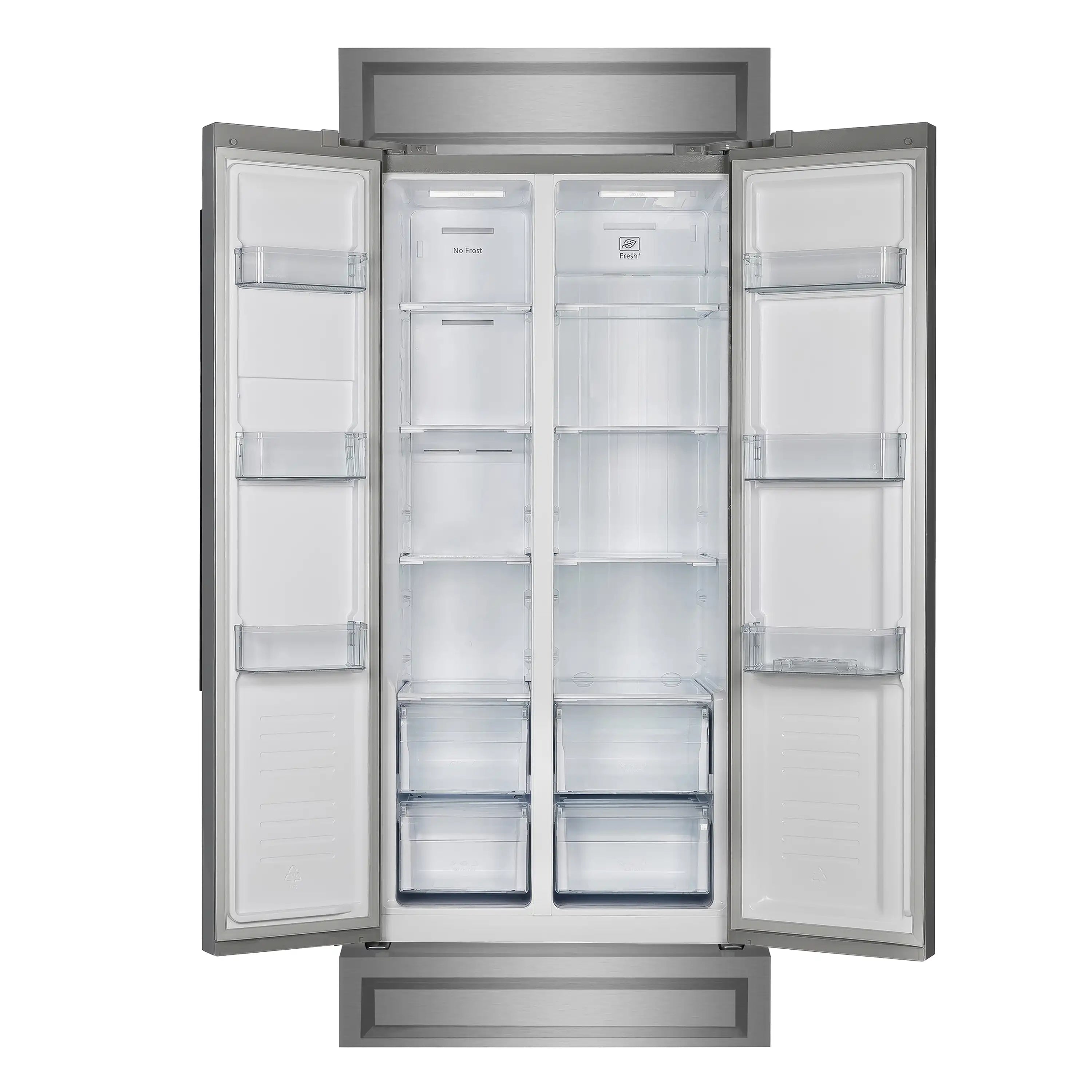 Built-in stainless refrigerator with doors open, clear glass shelves, and white interior bins