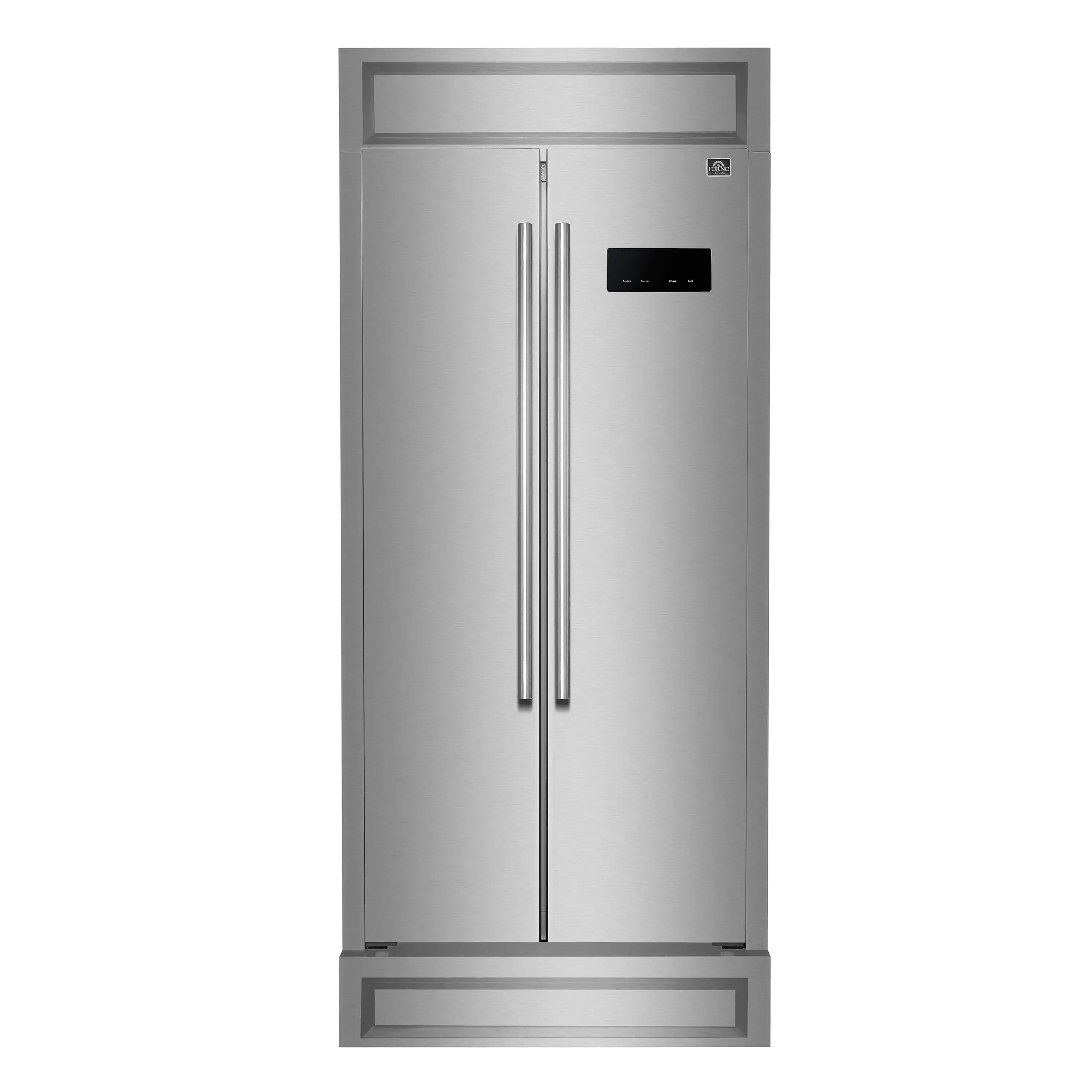 Stainless steel built-in refrigerator front with twin vertical handles and control panel