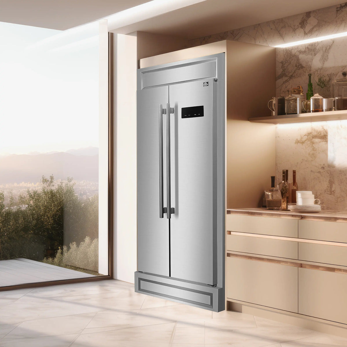 Built-in stainless refrigerator with double doors and modern grille design in a kitchen opening