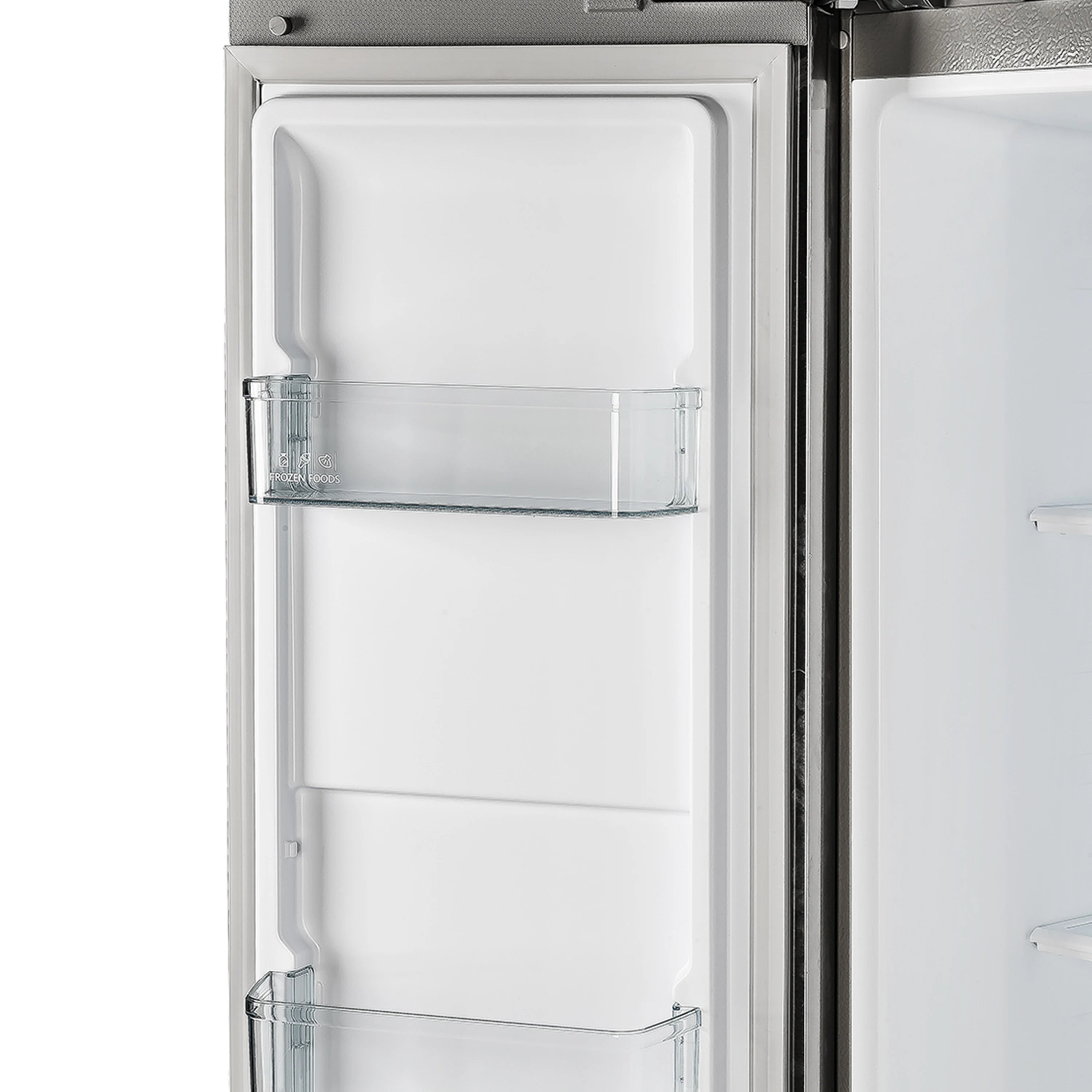 Refrigerator door interior with two clear glass shelves and metal brackets
