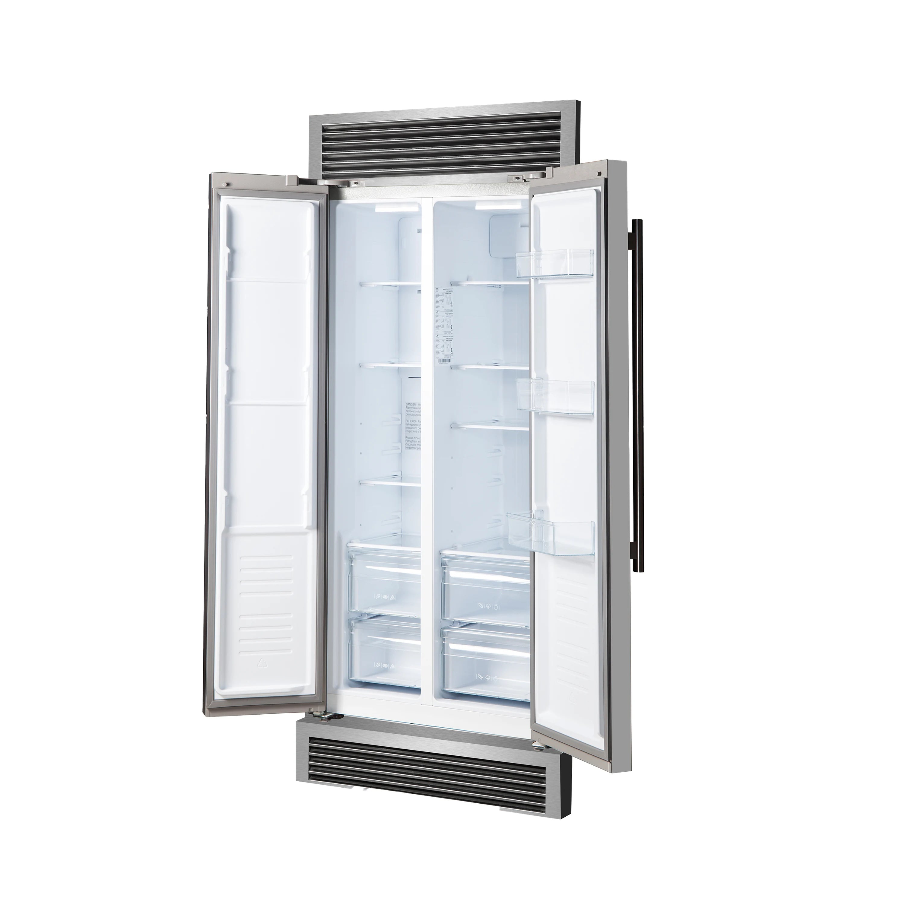 Stainless side-by-side refrigerator with open doors showing interior shelves and drawers