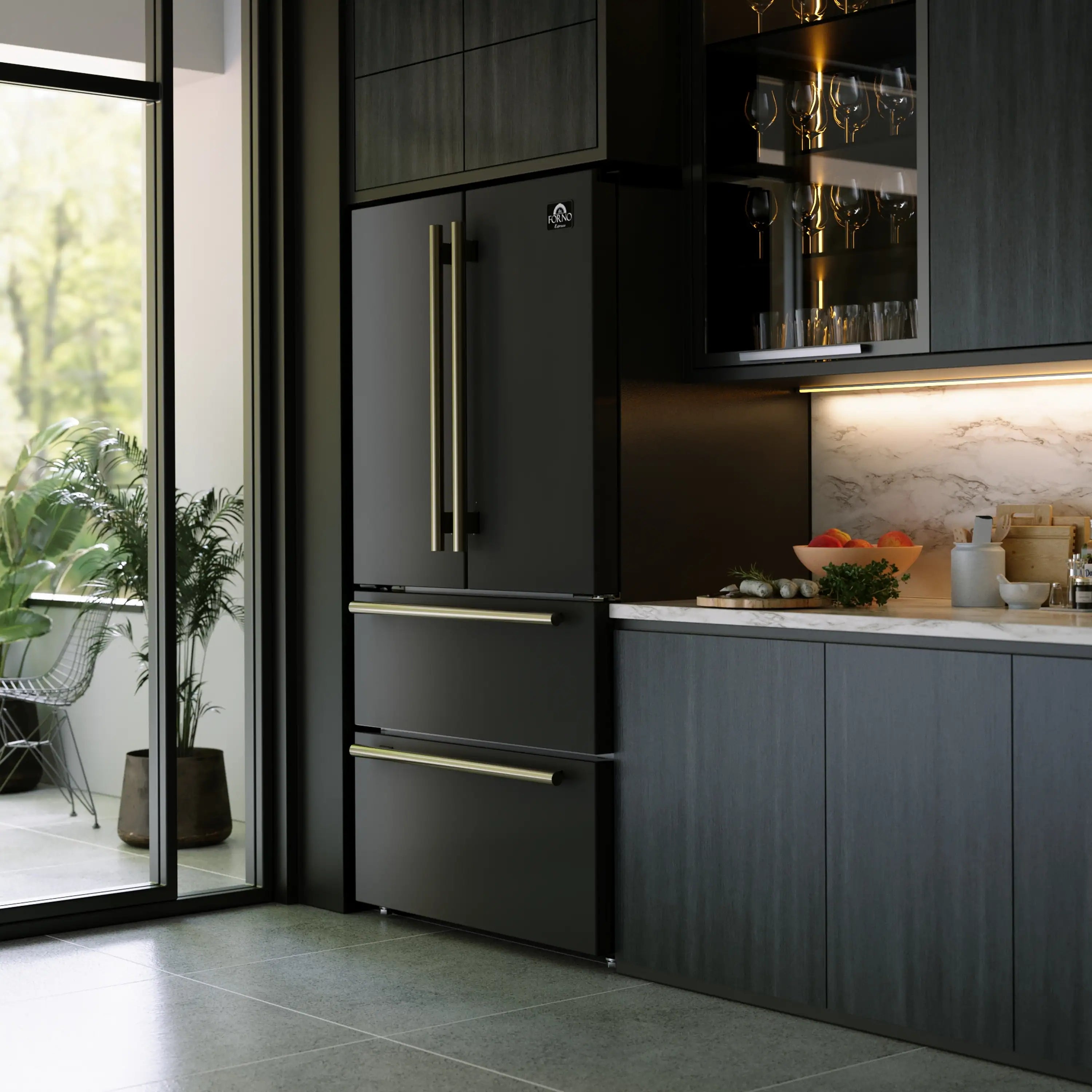 Black kitchen appliance set with antique brass handles in modern cabinetry