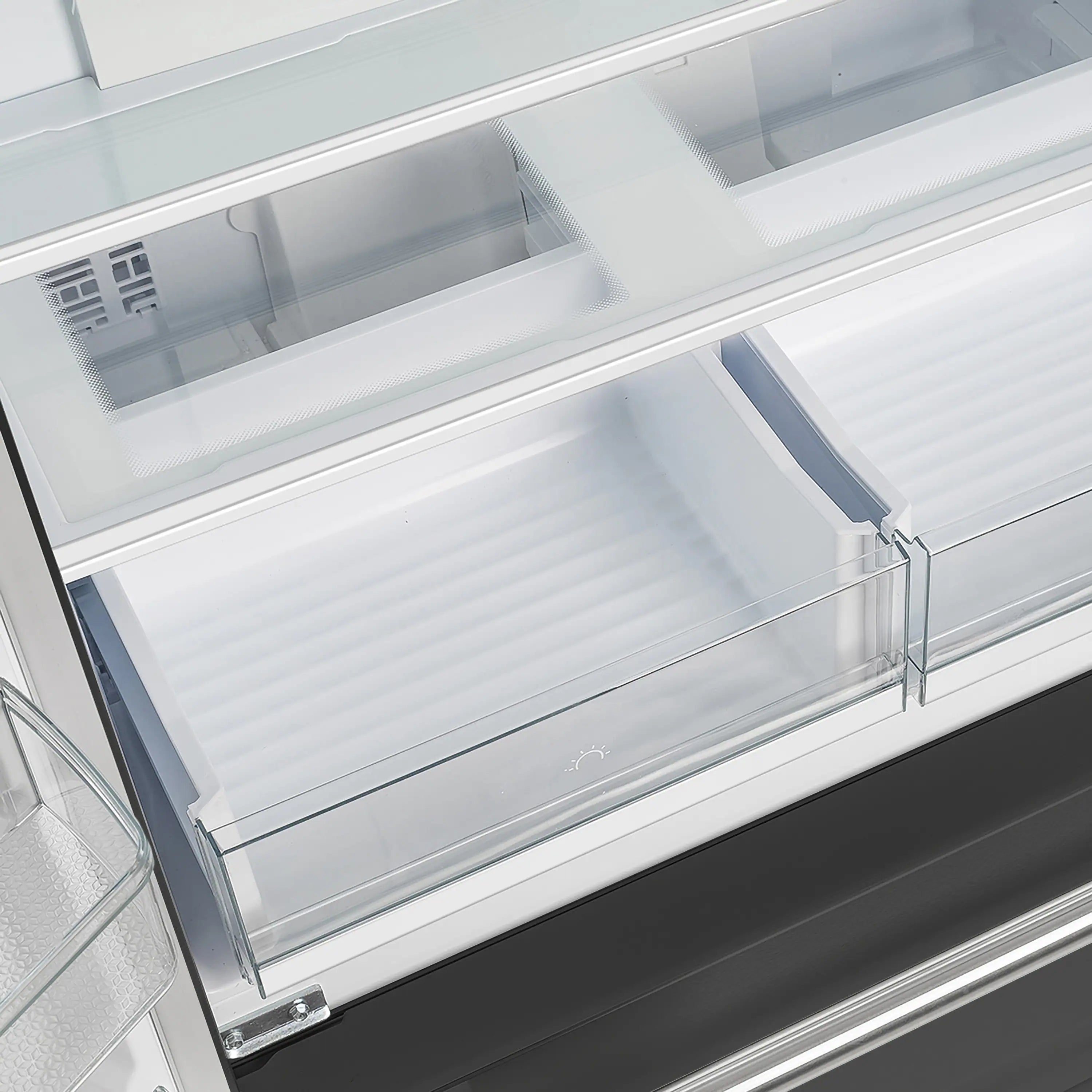 Refrigerator freezer drawer with clear front glass and pull-out bin