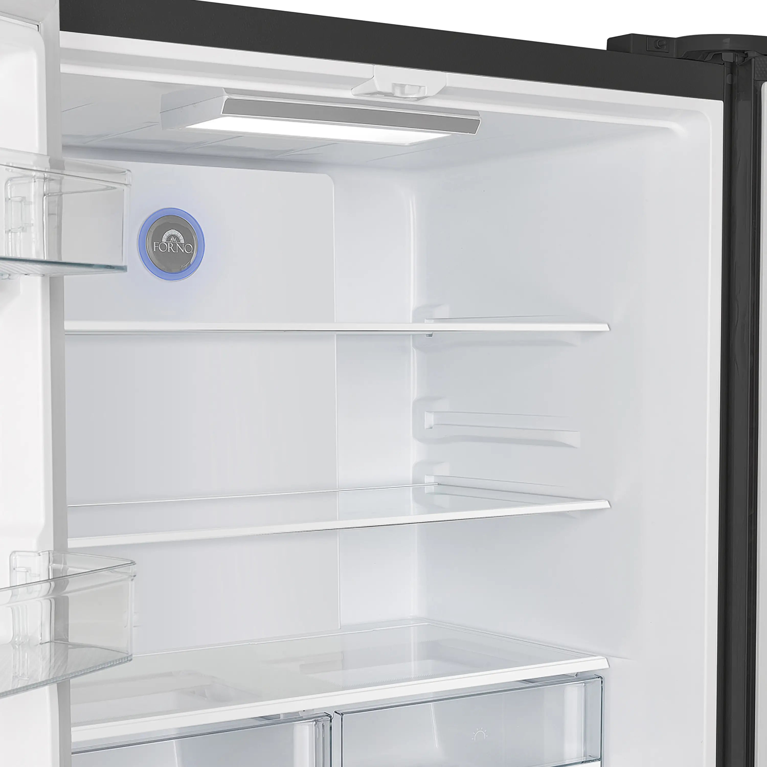 Refrigerator interior view with multiple white shelves and clear bins on left side