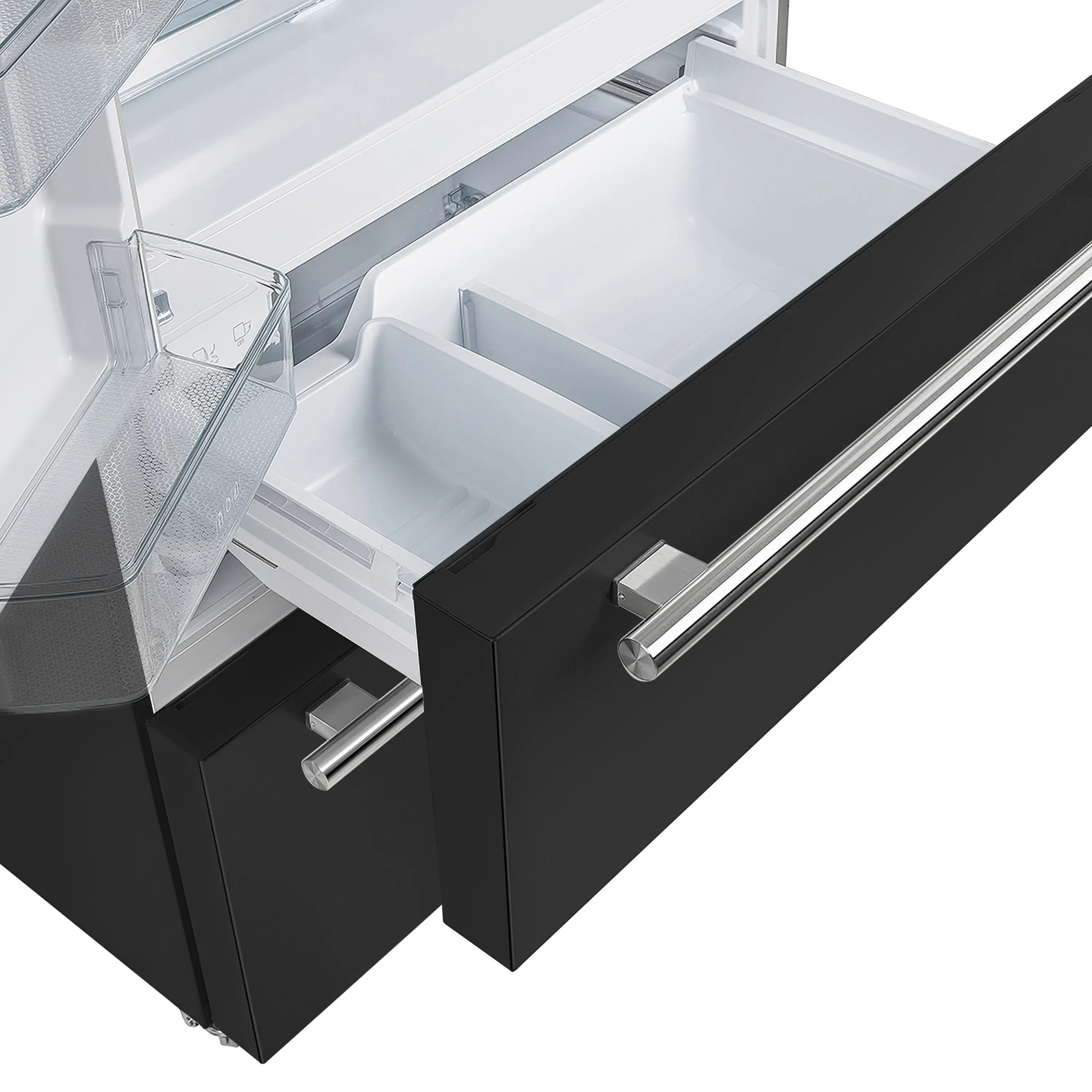 French door refrigerator drawer pullout with clear produce bin and stainless handle