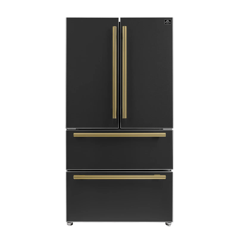 Forno Espresso 4-Piece Appliance Package - 30-Inch Induction Range, Under Cabinet Range Hood, Refrigerator and Dishwasher in Black with Brass Handle