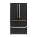 Forno Antico 4-Piece Appliance Package - 36-Inch Dual Fuel Range, 36-Inch Hood, 36-Inch Refrigerator, & 24-Inch Dishwasher in Black with Antique Brass Trim