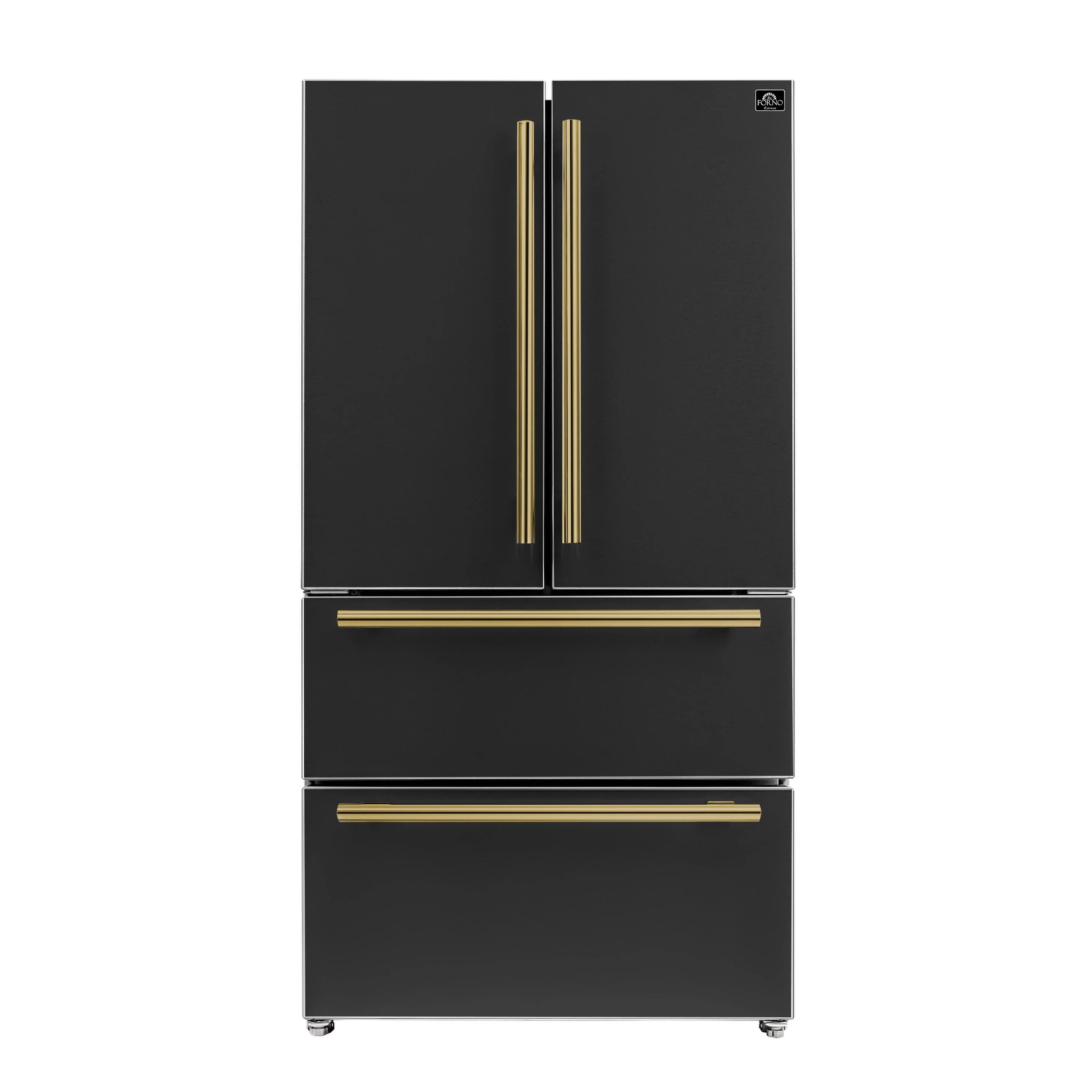 Black refrigerator with antique brass side handles and bottom drawer trims