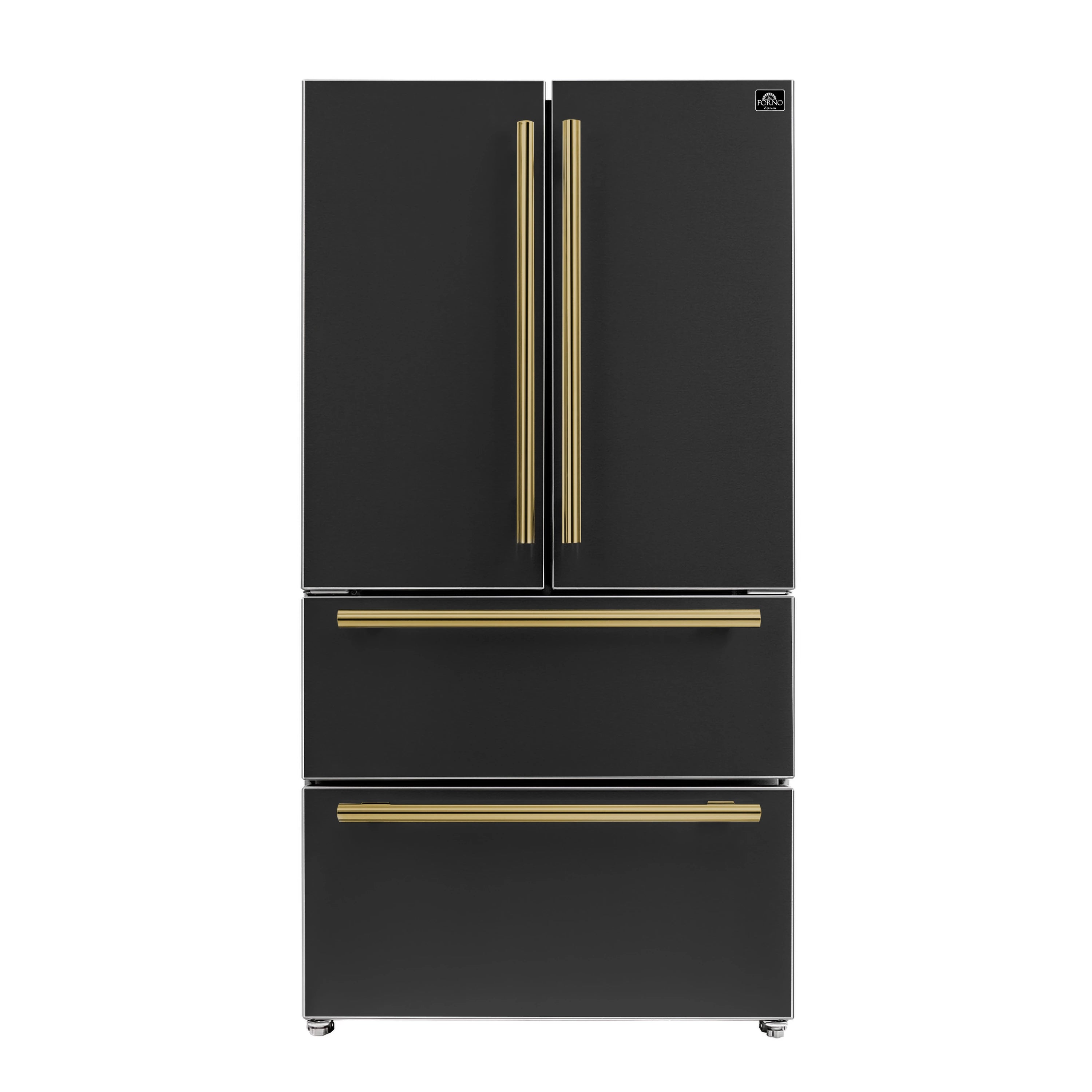 Black refrigerator with antique brass double handles and two drawer fronts