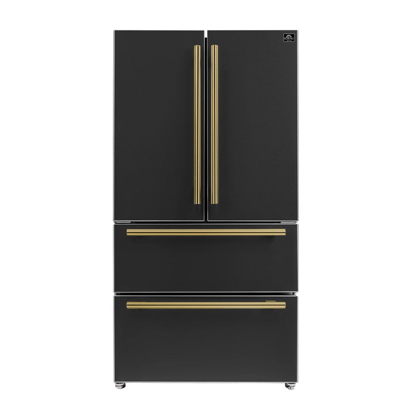 Forno Espresso Moena 36-inch 19.2 Cu.ft French Door Refrigerator in Black with Antique Brass Handle (FFRBI1820-36BLK)