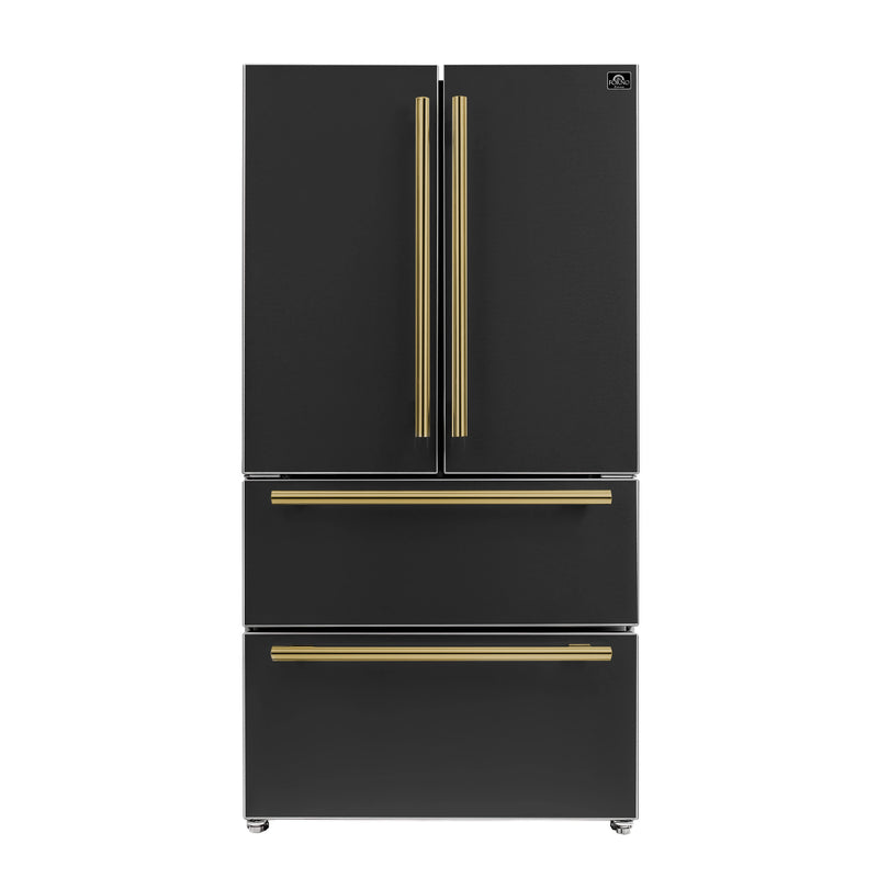 Forno Espresso 4-Piece Appliance Package - 30-Inch Electric Range, Under Cabinet Range Hood, Refrigerator and Dishwasher in Black with Antique Brass Trim