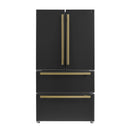 Forno Galiano 4-Piece Appliance Package - 36-Inch Dual Fuel Range, 36-Inch Hood, 36-Inch Refrigerator, & 24-Inch Dishwasher in Black with Antique Brass Trim