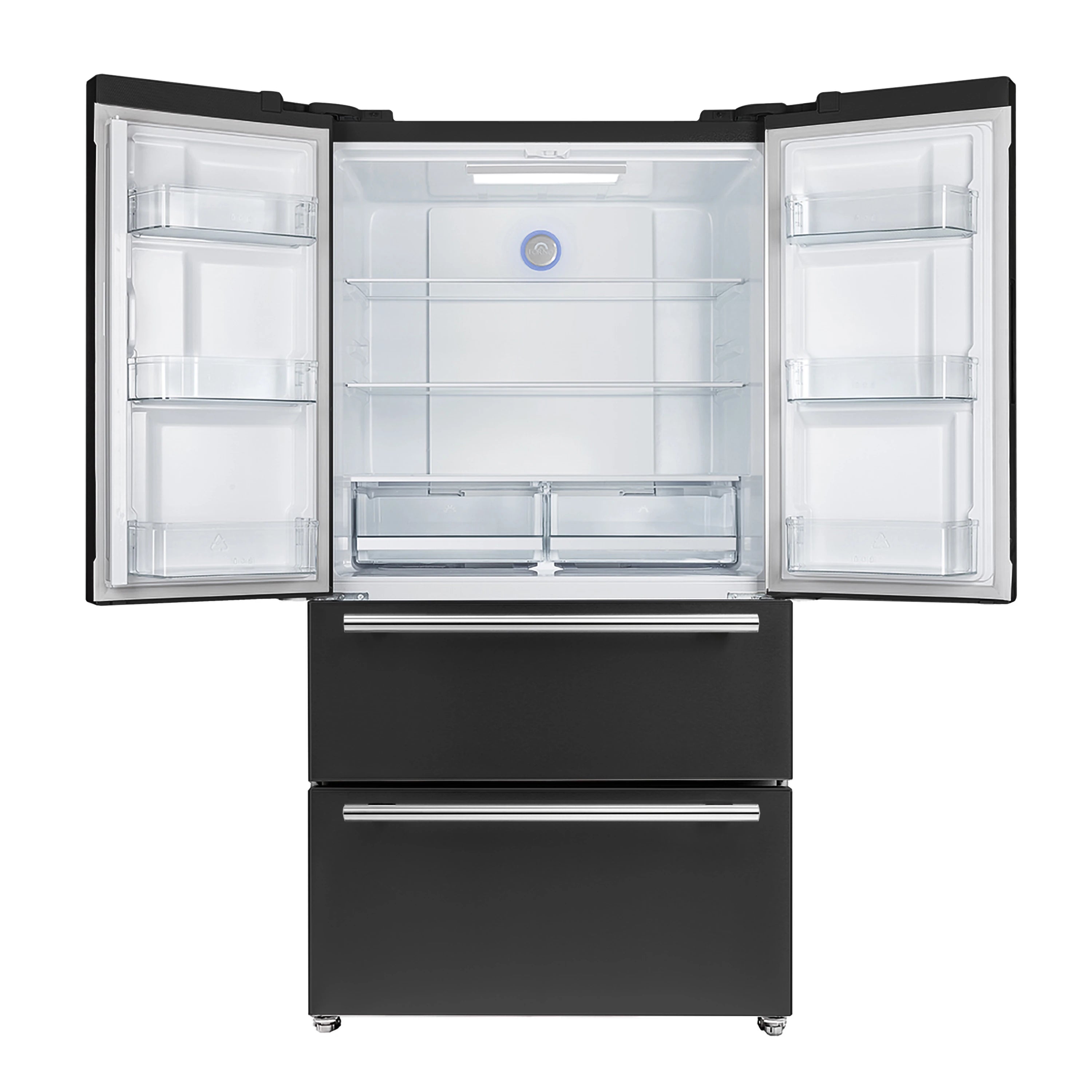 French door refrigerator with both upper doors open, white interior shelves and drawers