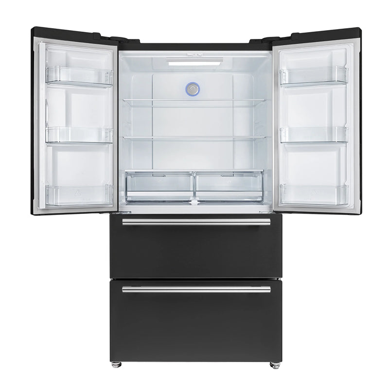 Forno Galiano 5-Piece Appliance Package - 48-Inch Gas Range, 48-Inch Hood, 36-Inch Refrigerator, 24-Inch Dishwasher, & 30-Inch Microwave Oven in Black with Antique Brass Trim