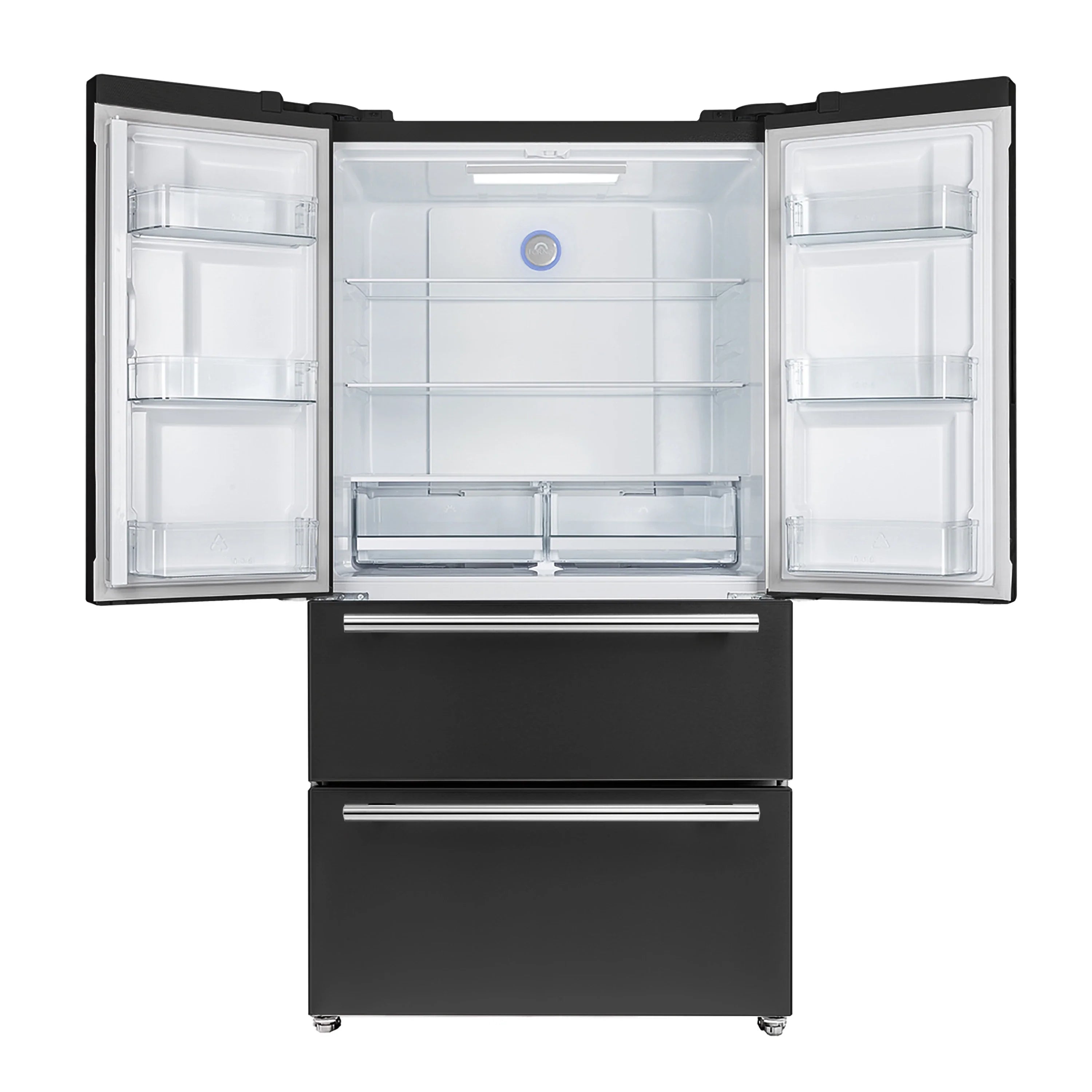 Black French door refrigerator with both doors open, showing white interior shelves