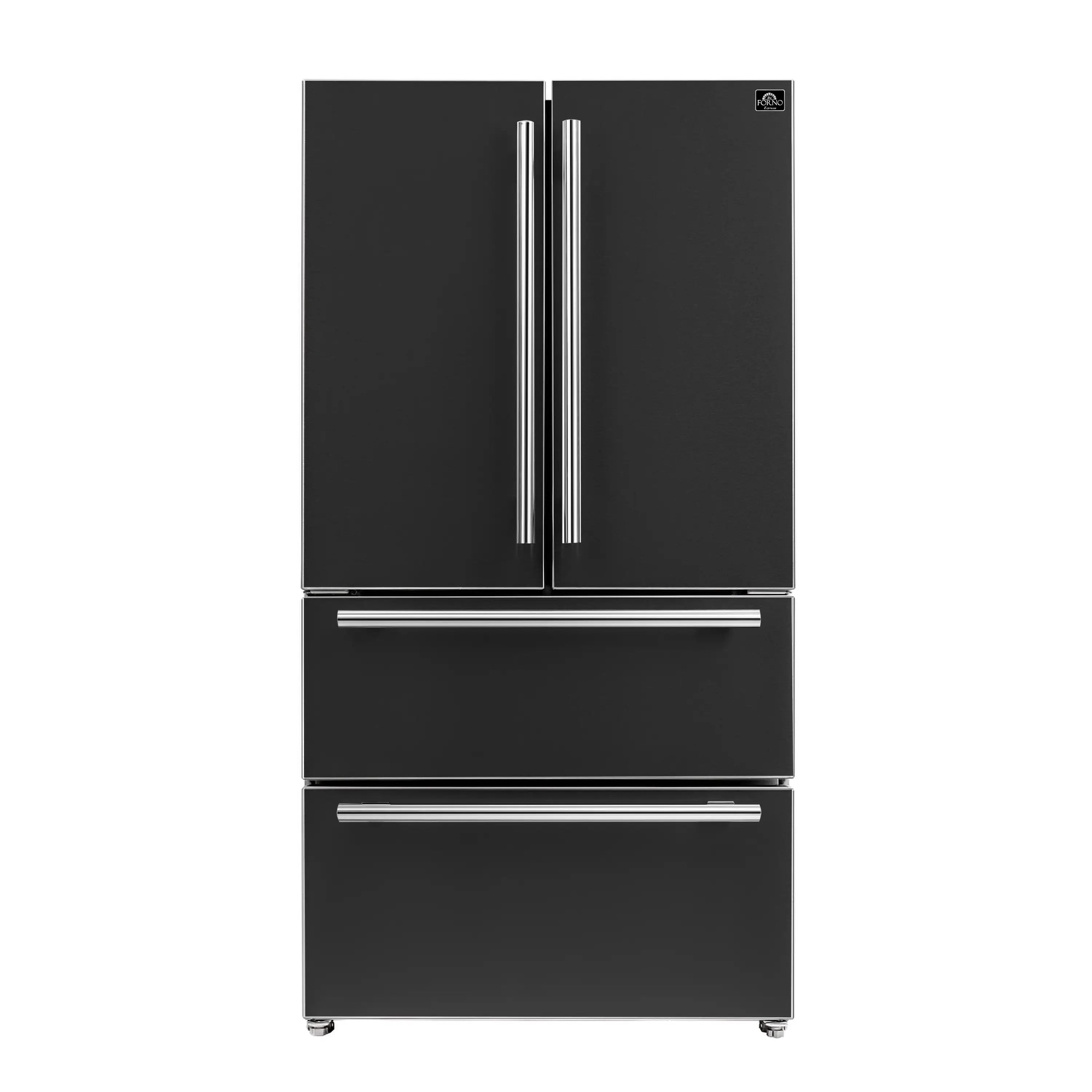 Black French door refrigerator with stainless vertical handles and bottom freezer doors