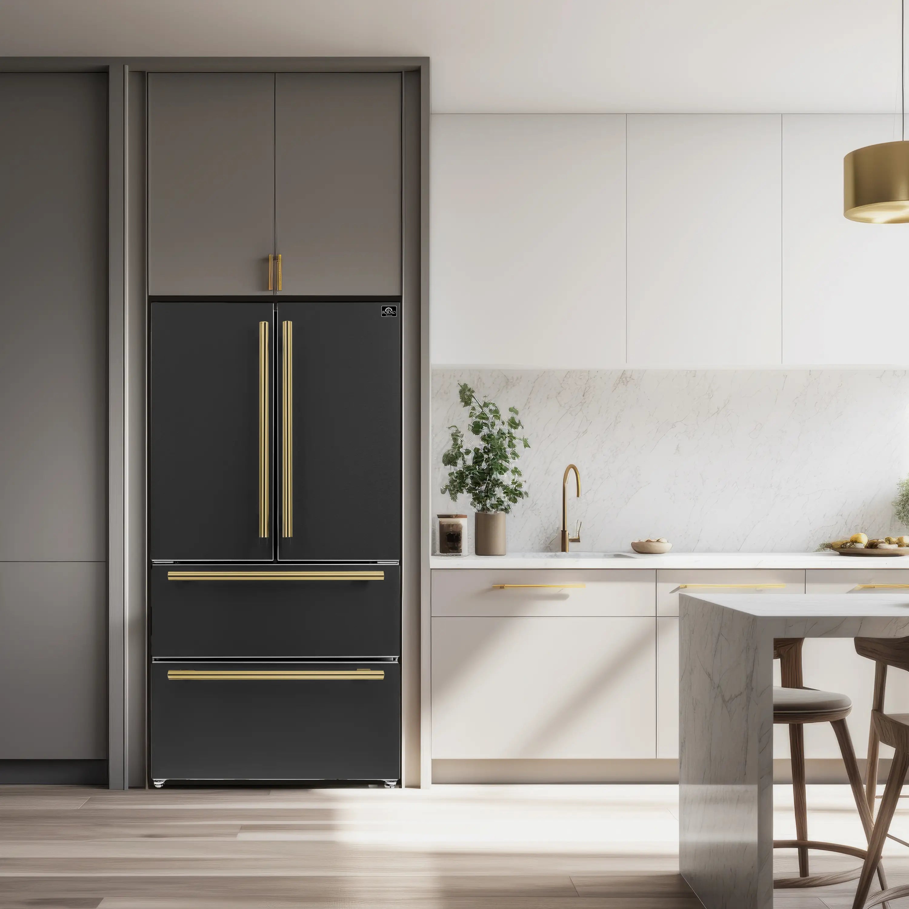 Black refrigerator with gold trim handles and built-in dispenser style doors